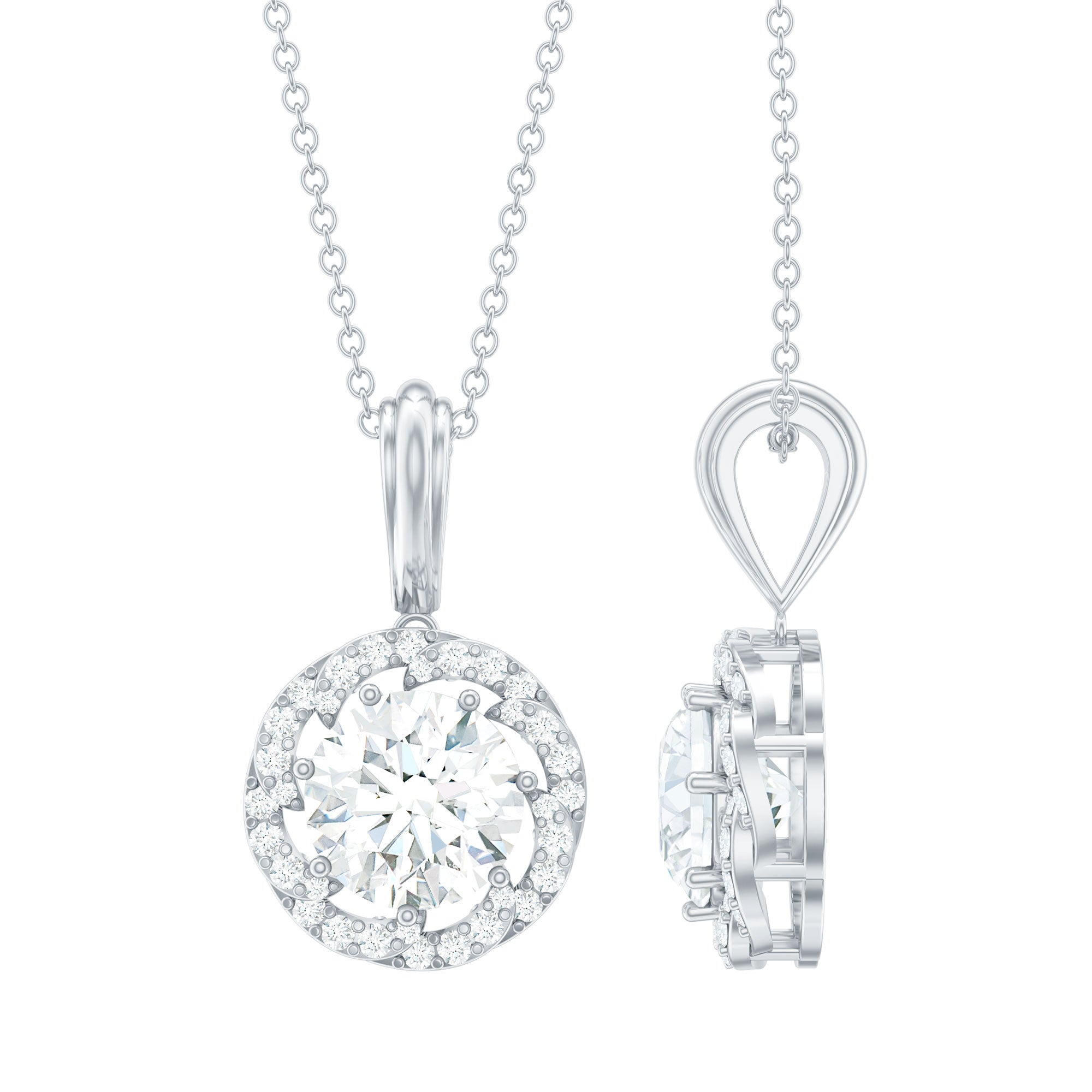 Certified Moissanite Halo Pendant Necklace with Silver Chain