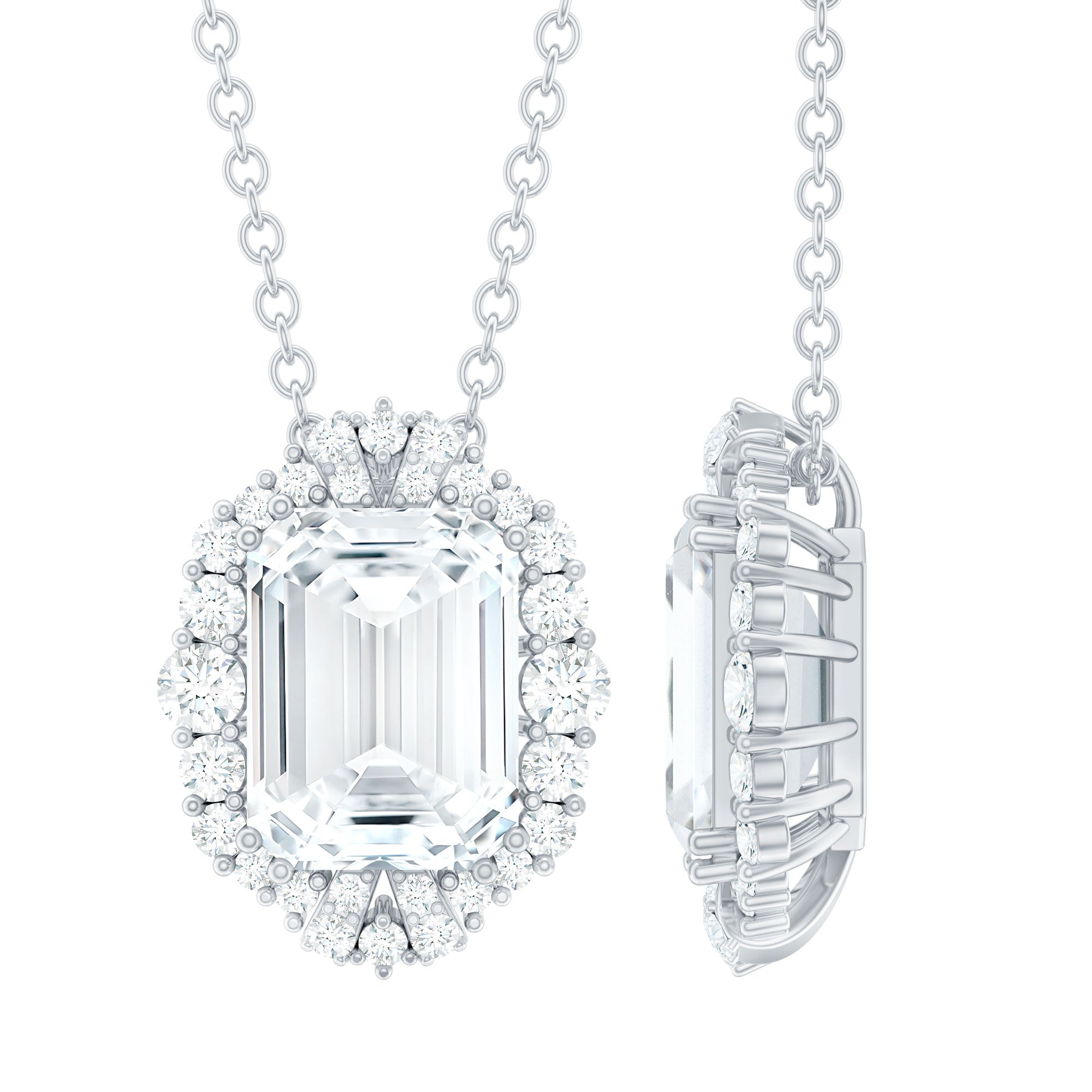 Certified 6X8 MM Moissanite Emerald Cut Wedding Necklace in Silver