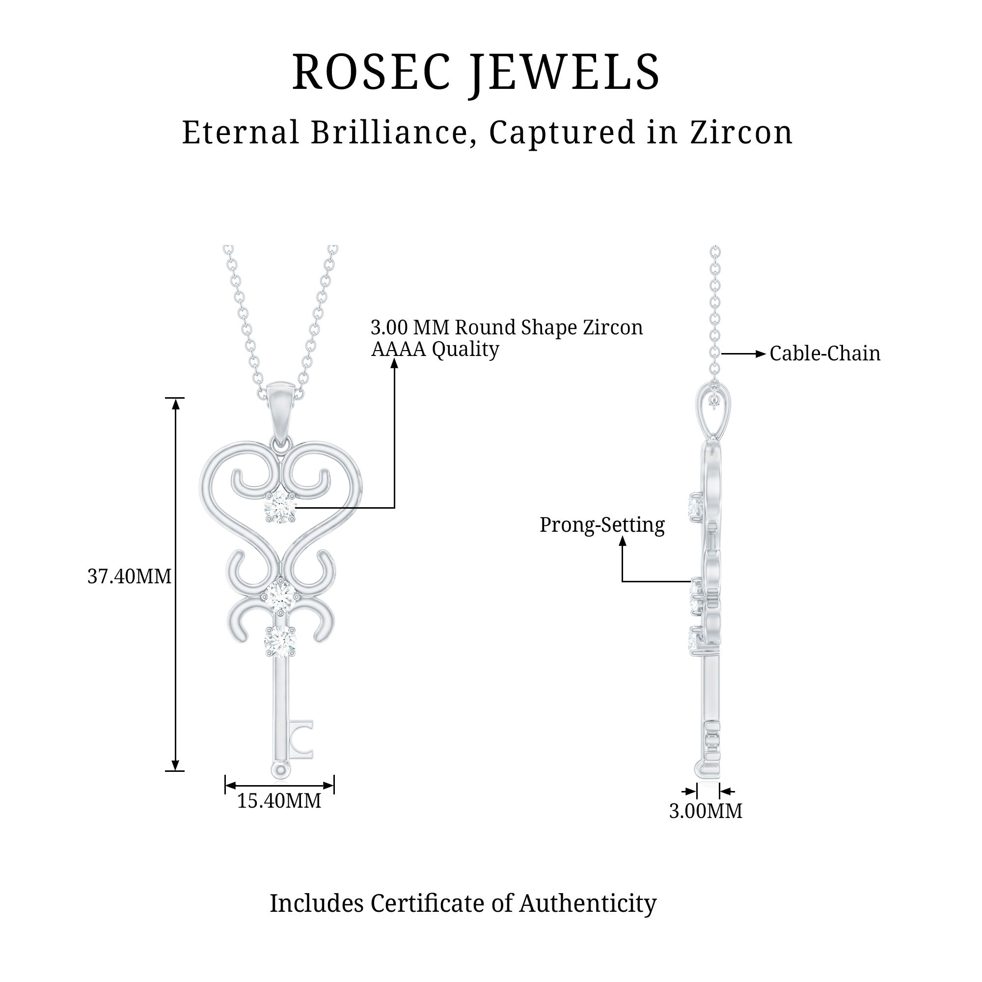 Vintage Inspired Cubic Zirconia Key Necklace with Certificate AAAA - Rosec Jewels