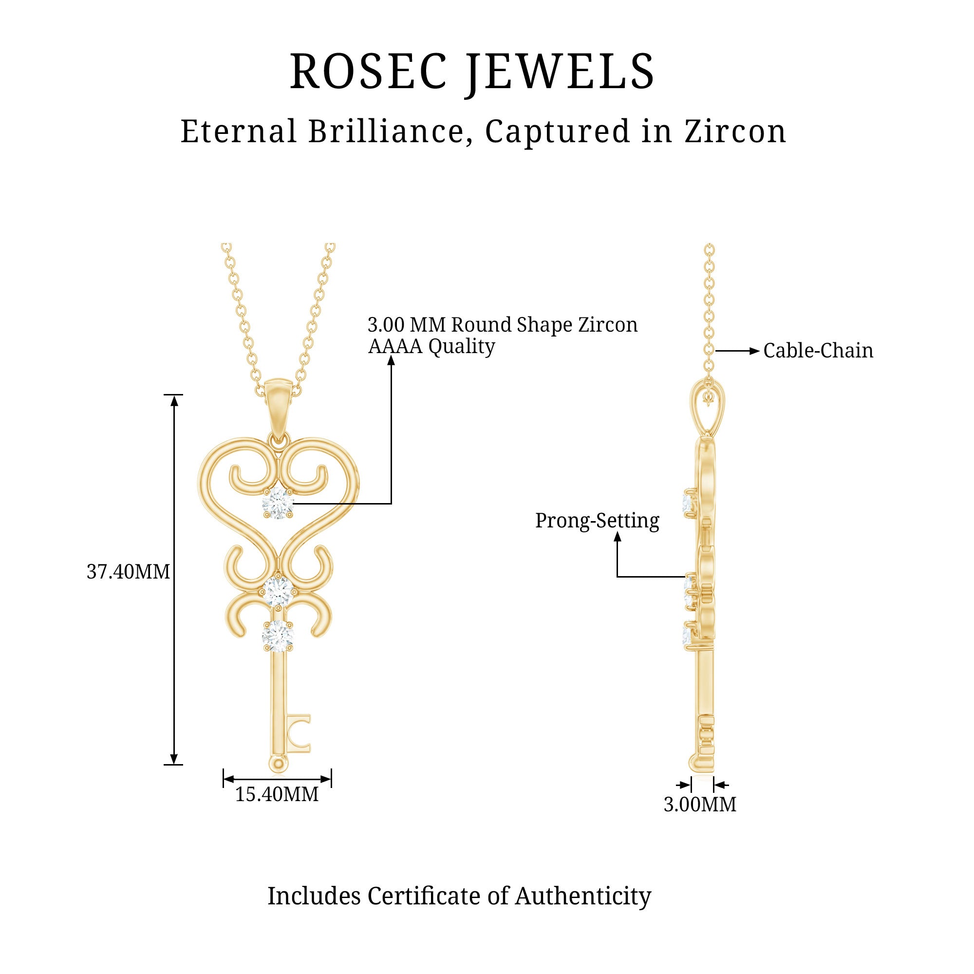 Vintage Inspired Cubic Zirconia Key Necklace with Certificate AAAA - Rosec Jewels
