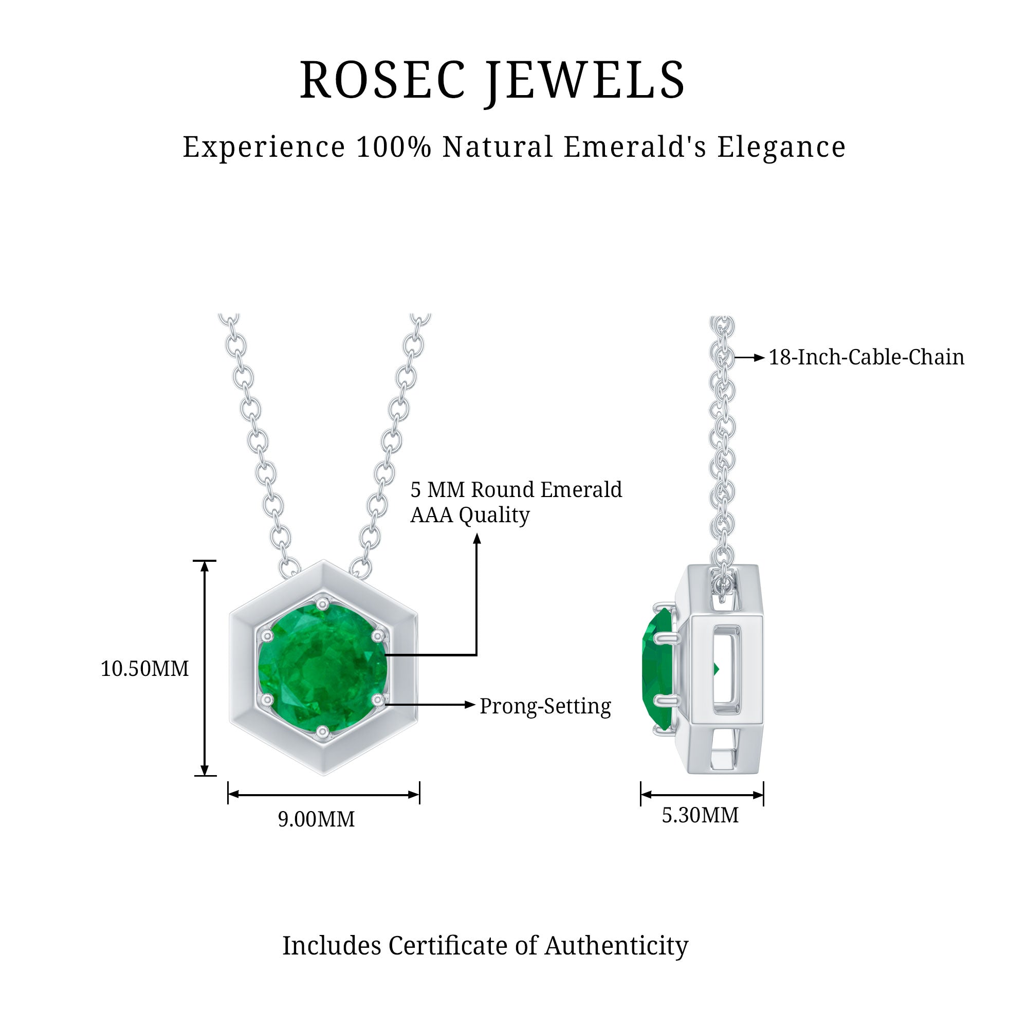5MM Solitaire Emerald Hexagon Pendant Necklace AAA - Rosec Jewels