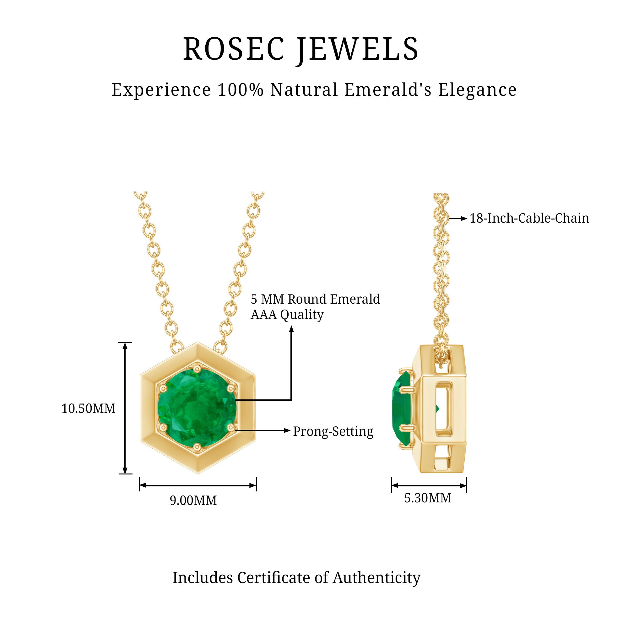 5MM Solitaire Emerald Hexagon Pendant Necklace AAA - Rosec Jewels