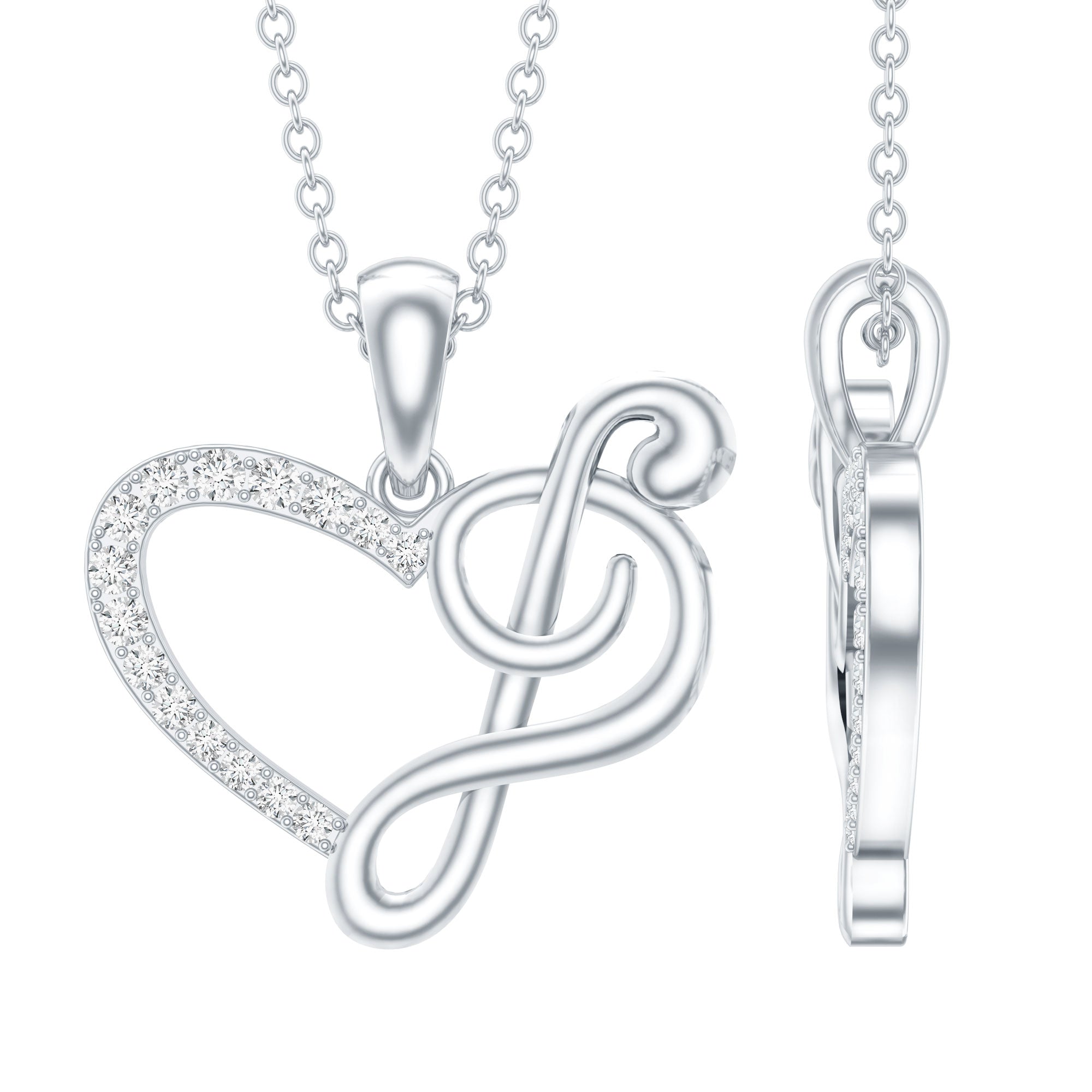 Diamond Heart and Music Note Necklace Natural - ( HI-SI ) - Rosec Jewels