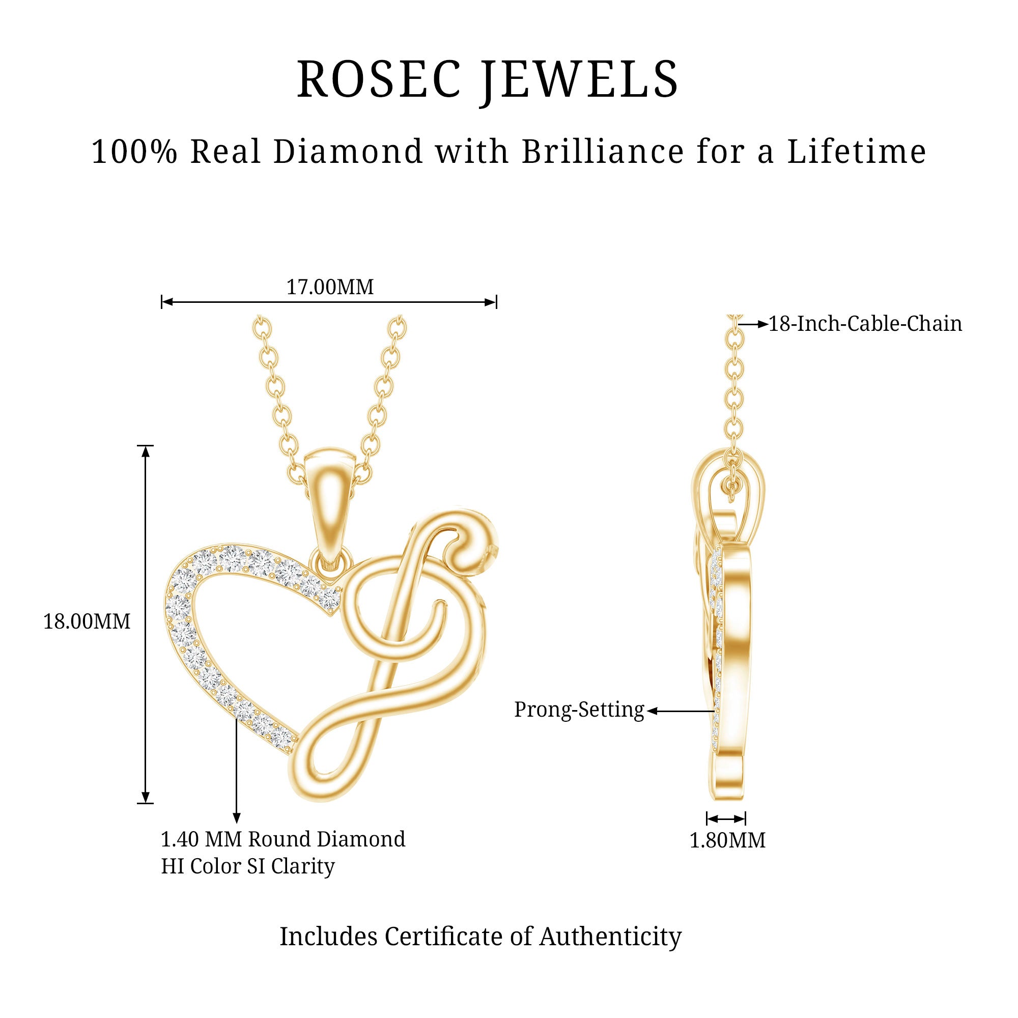 Diamond Heart and Music Note Necklace Natural - ( HI-SI ) - Rosec Jewels