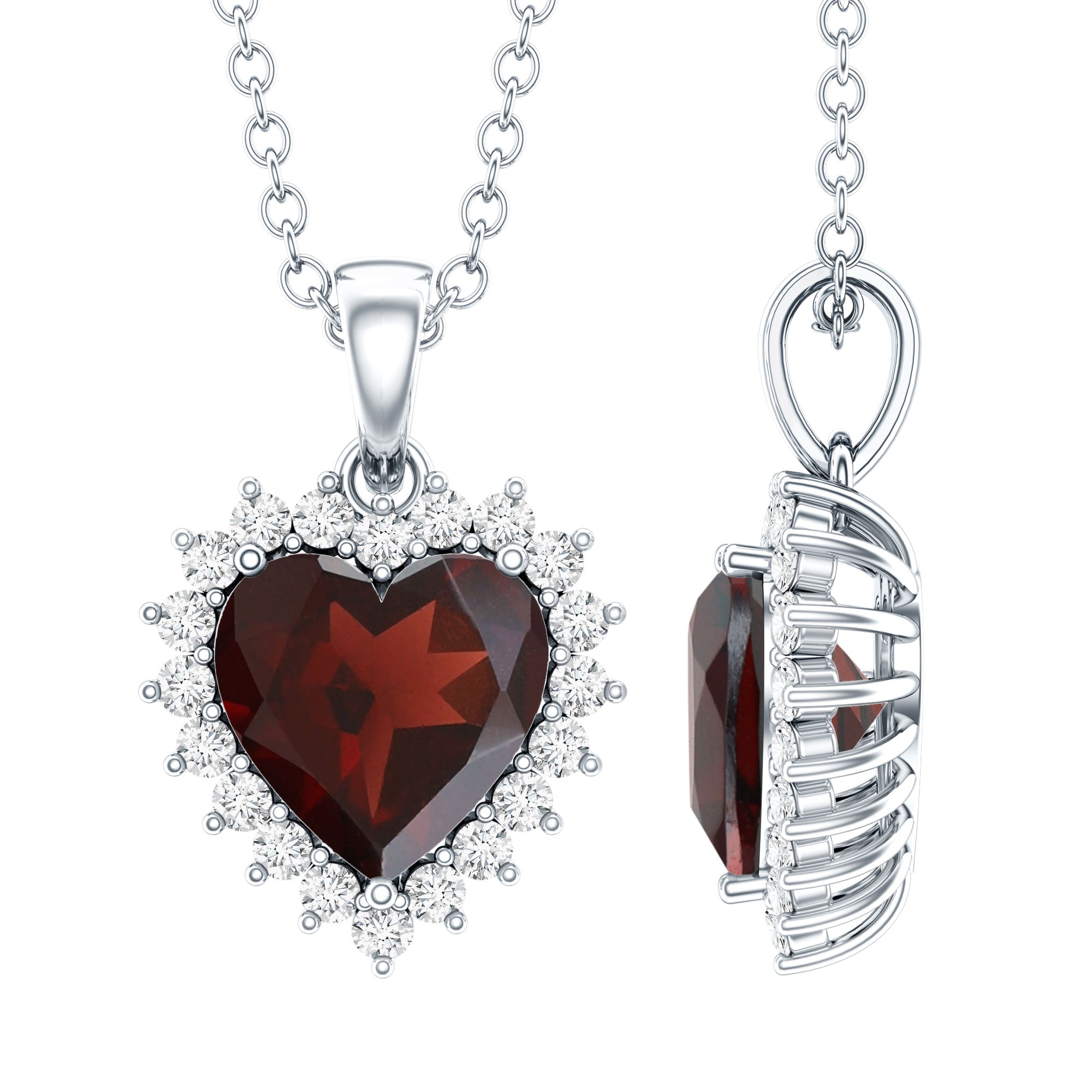 Garnet Heart Pendant Necklace with Moissanite Halo AAA - Rosec Jewels