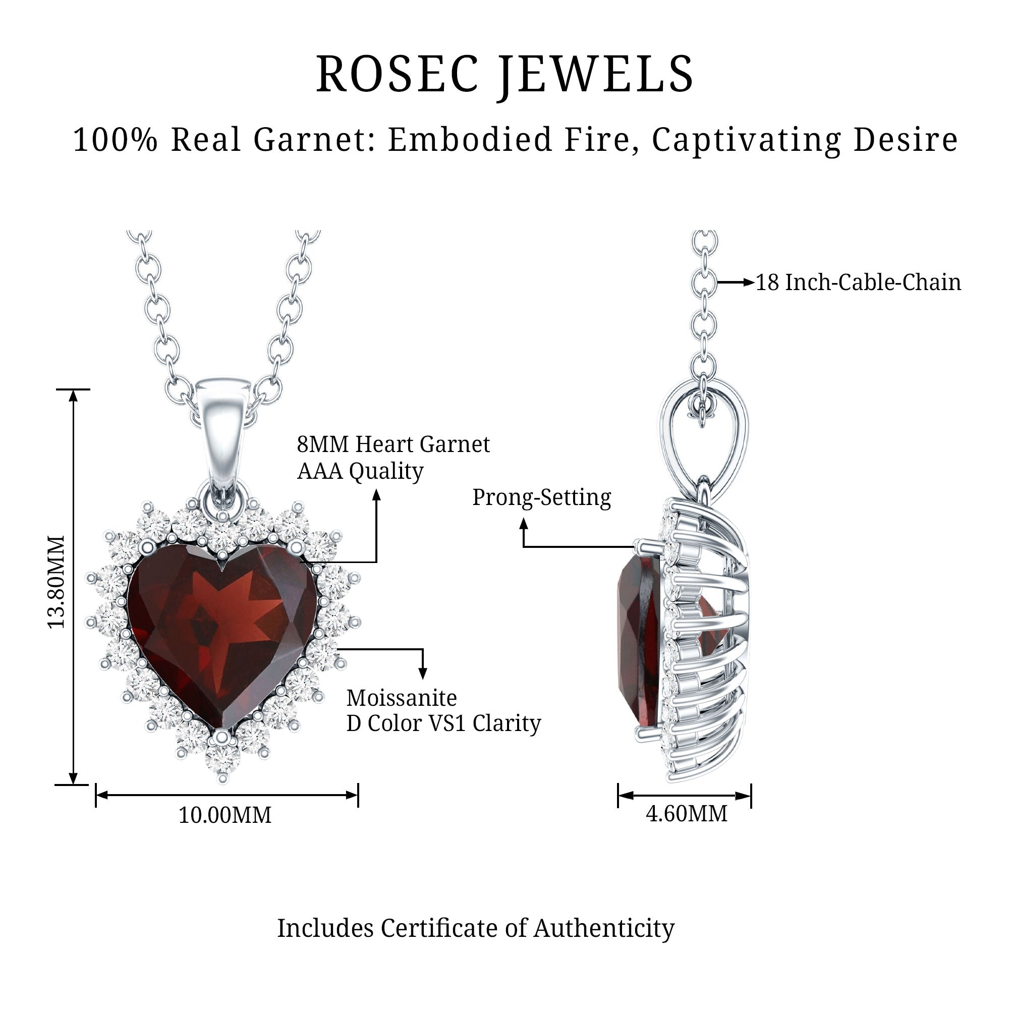 Garnet Heart Pendant Necklace with Moissanite Halo AAA - Rosec Jewels