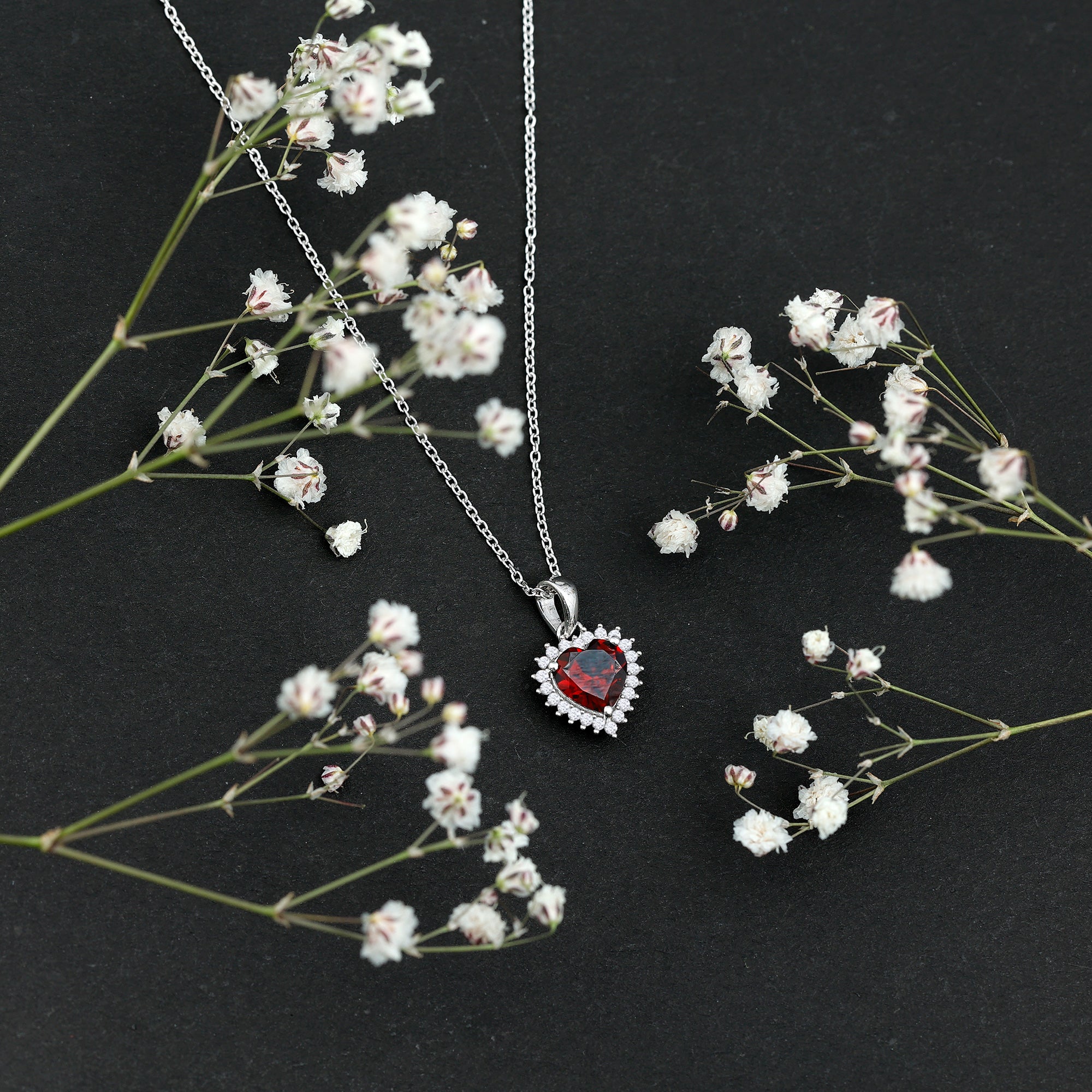 Garnet Heart Pendant Necklace with Moissanite Halo AAA - Rosec Jewels