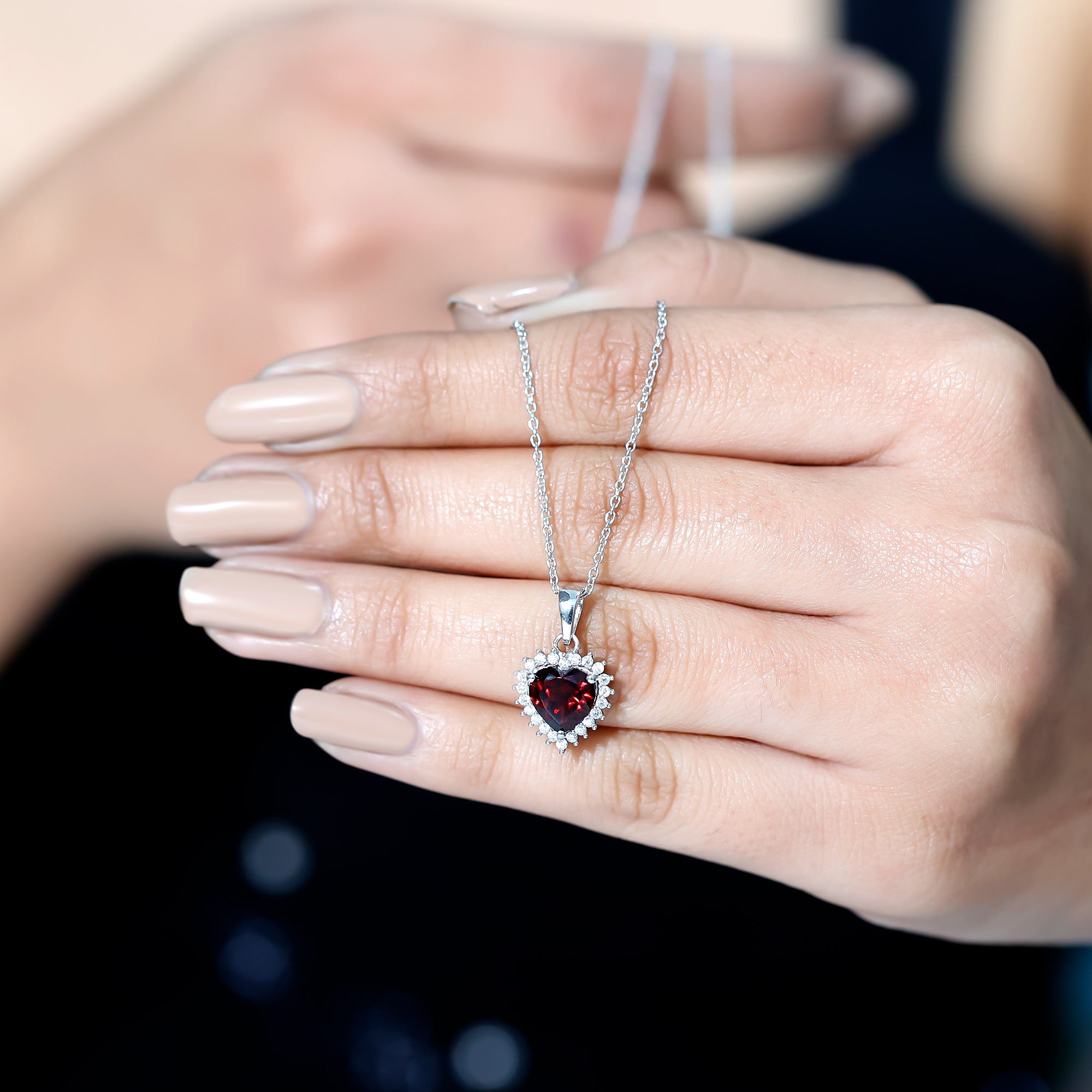 Garnet Heart Pendant Necklace with Moissanite Halo AAA - Rosec Jewels