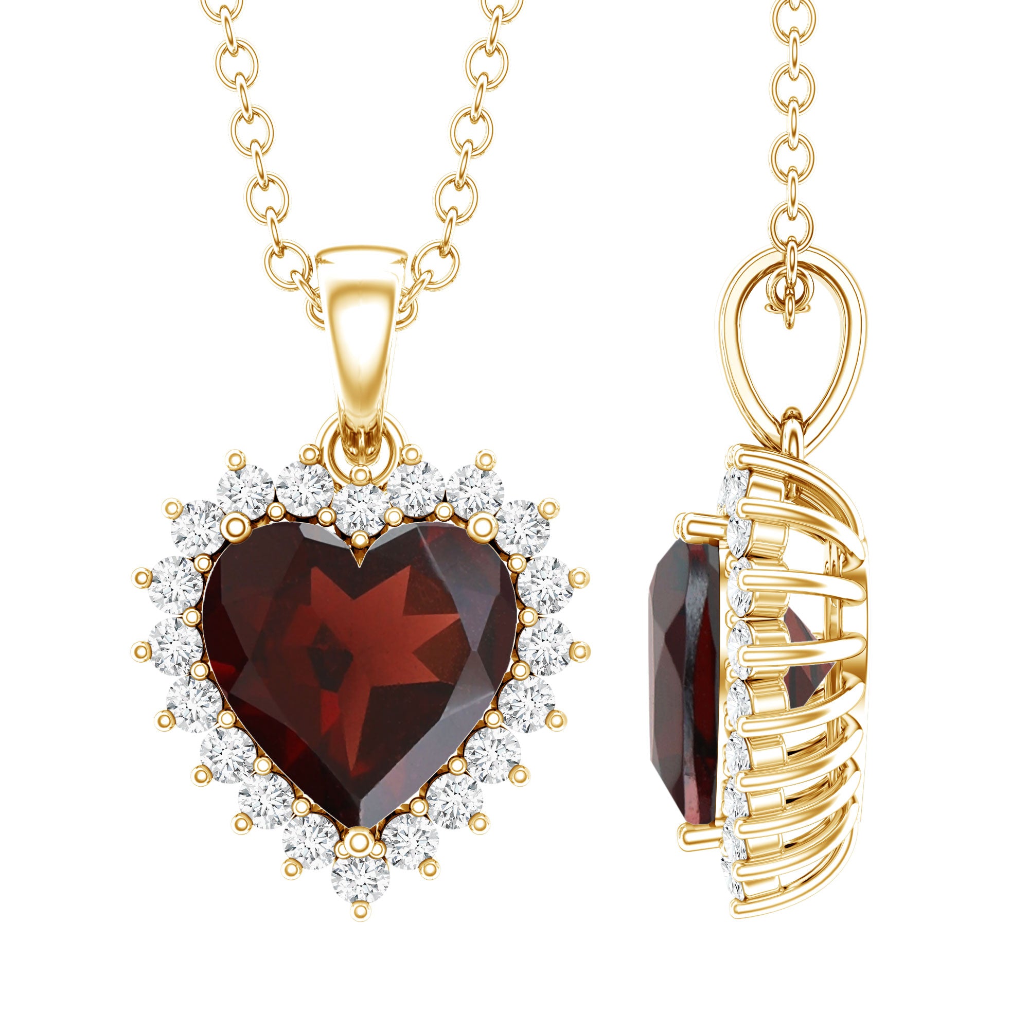 Garnet Heart Pendant Necklace with Moissanite Halo AAA - Rosec Jewels
