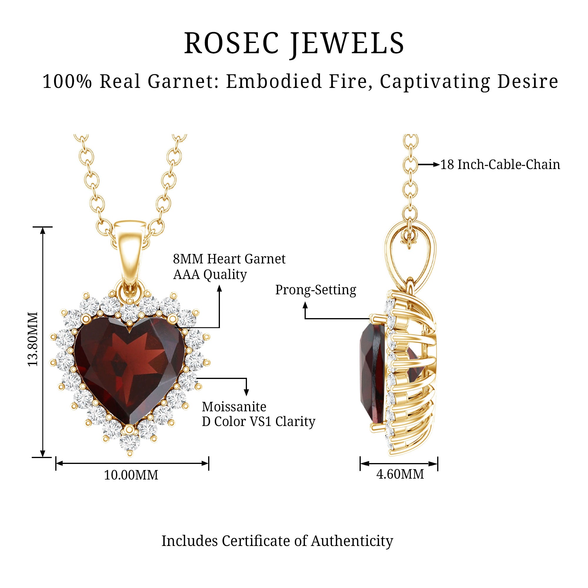 Garnet Heart Pendant Necklace with Moissanite Halo AAA - Rosec Jewels