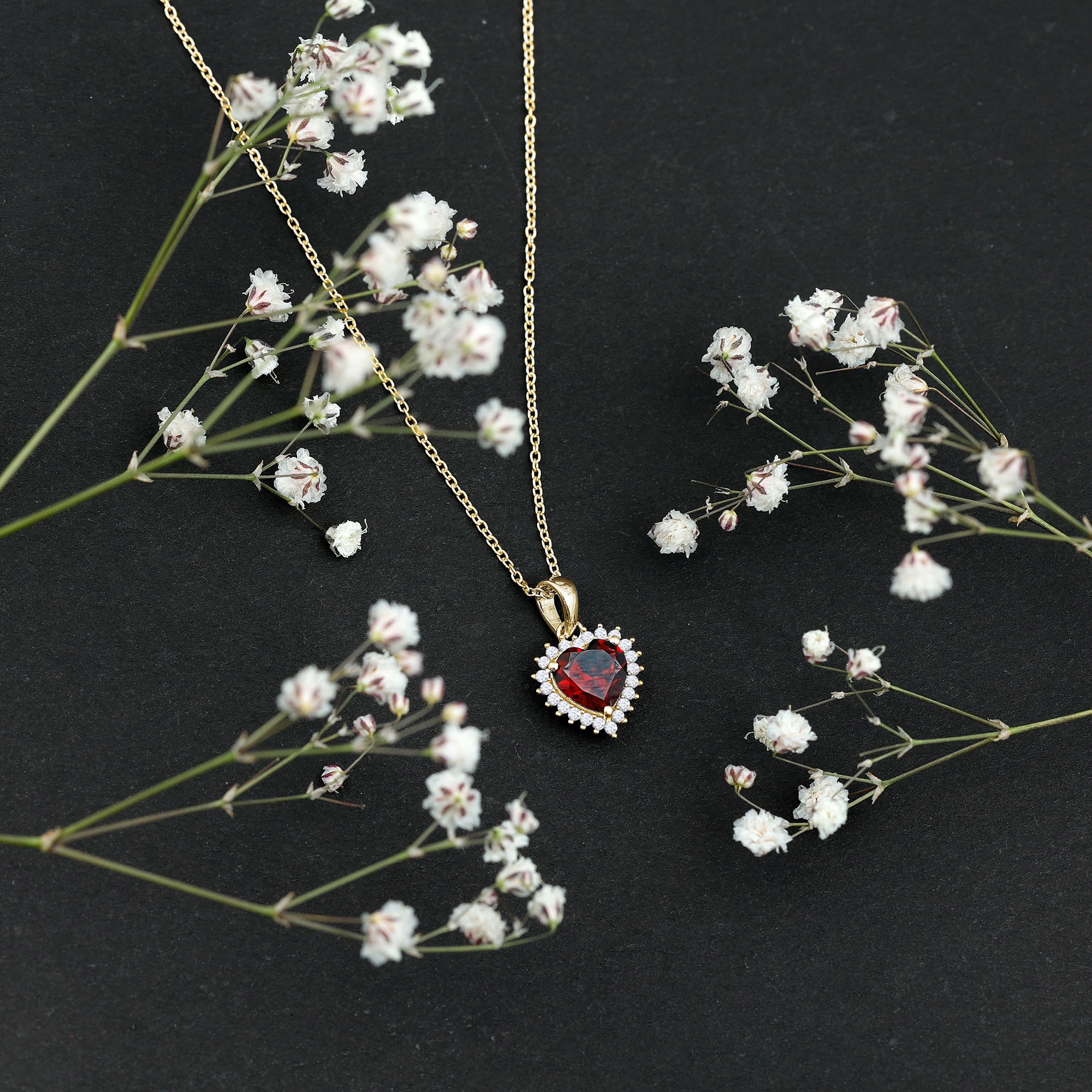 Garnet Heart Pendant Necklace with Moissanite Halo AAA - Rosec Jewels