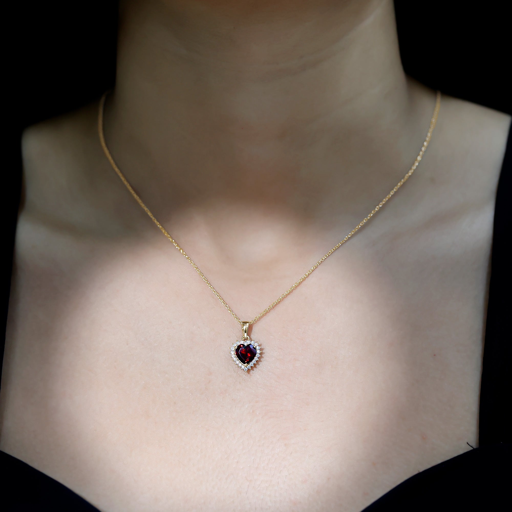 Garnet Heart Pendant Necklace with Moissanite Halo AAA - Rosec Jewels