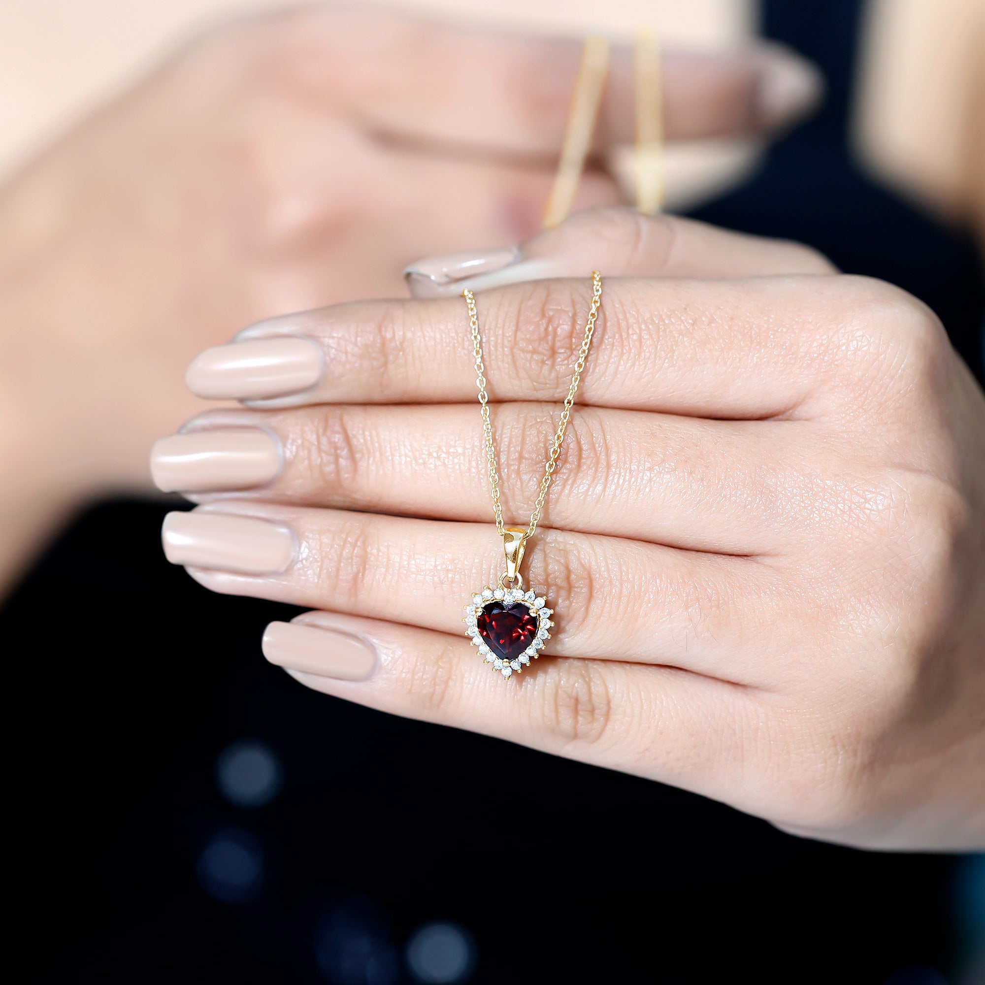 Garnet Heart Pendant Necklace with Moissanite Halo AAA - Rosec Jewels