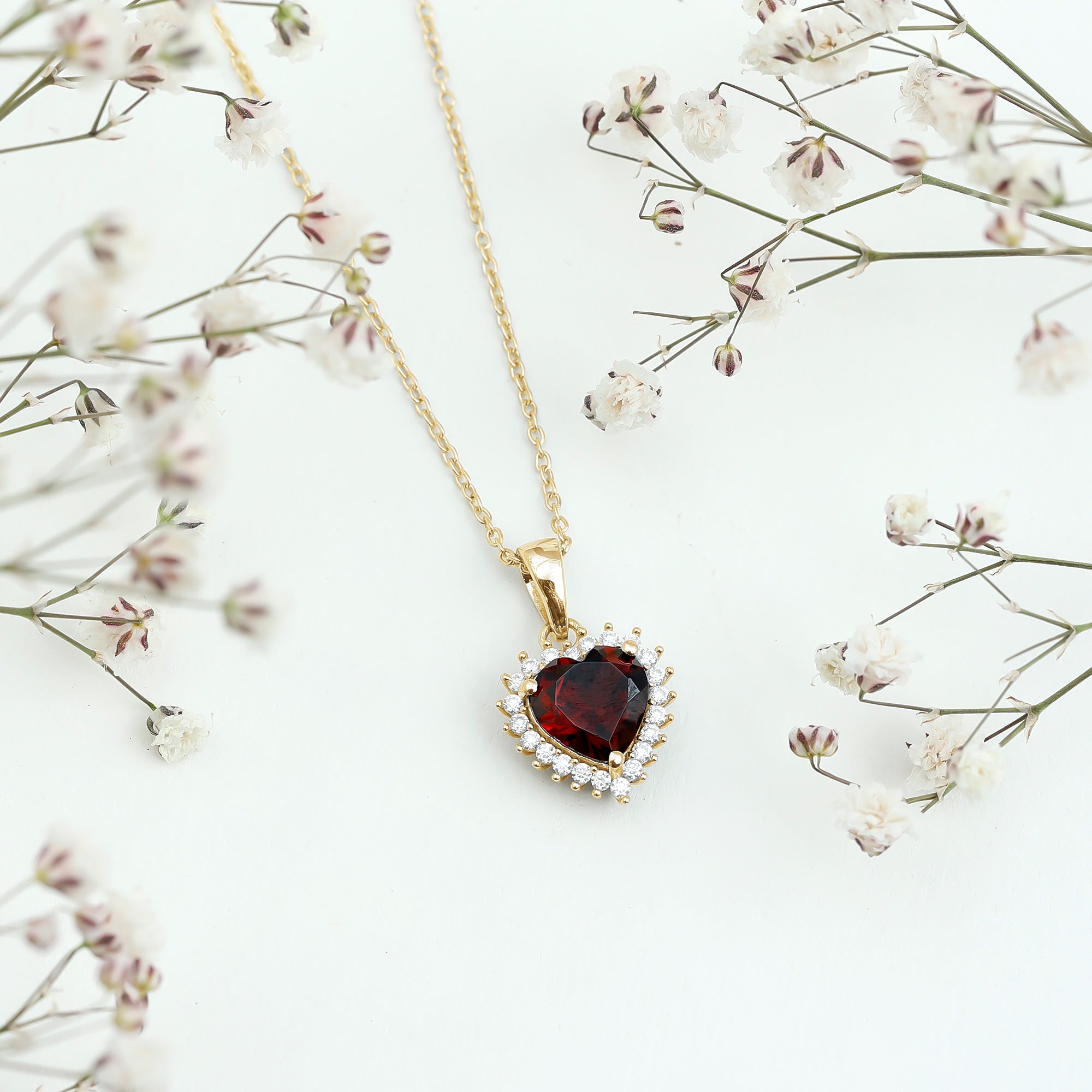 Garnet Heart Pendant Necklace with Moissanite Halo AAA - Rosec Jewels