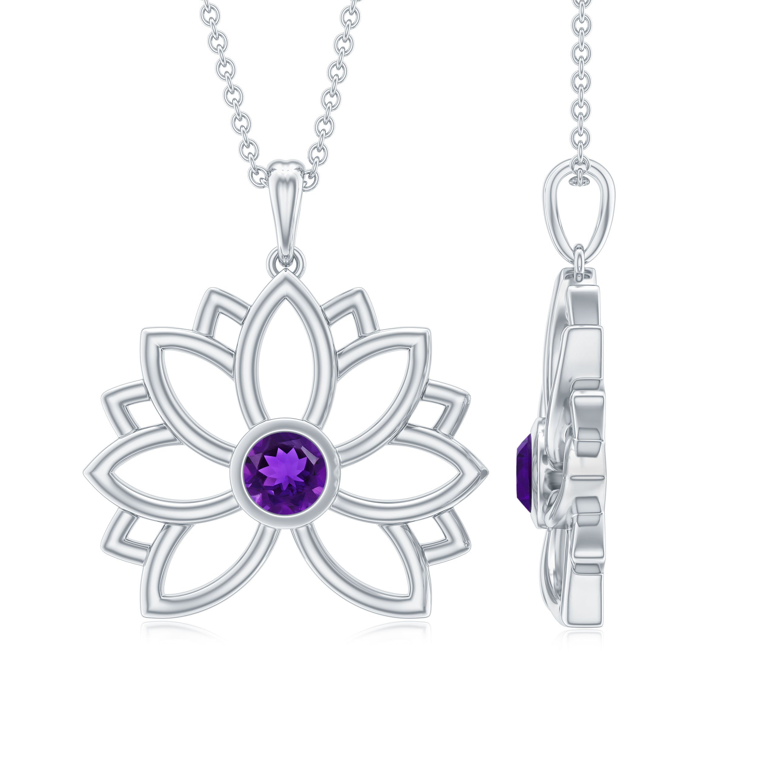 Gold Lotus Flower Solitaire Amethyst Pendant Necklace