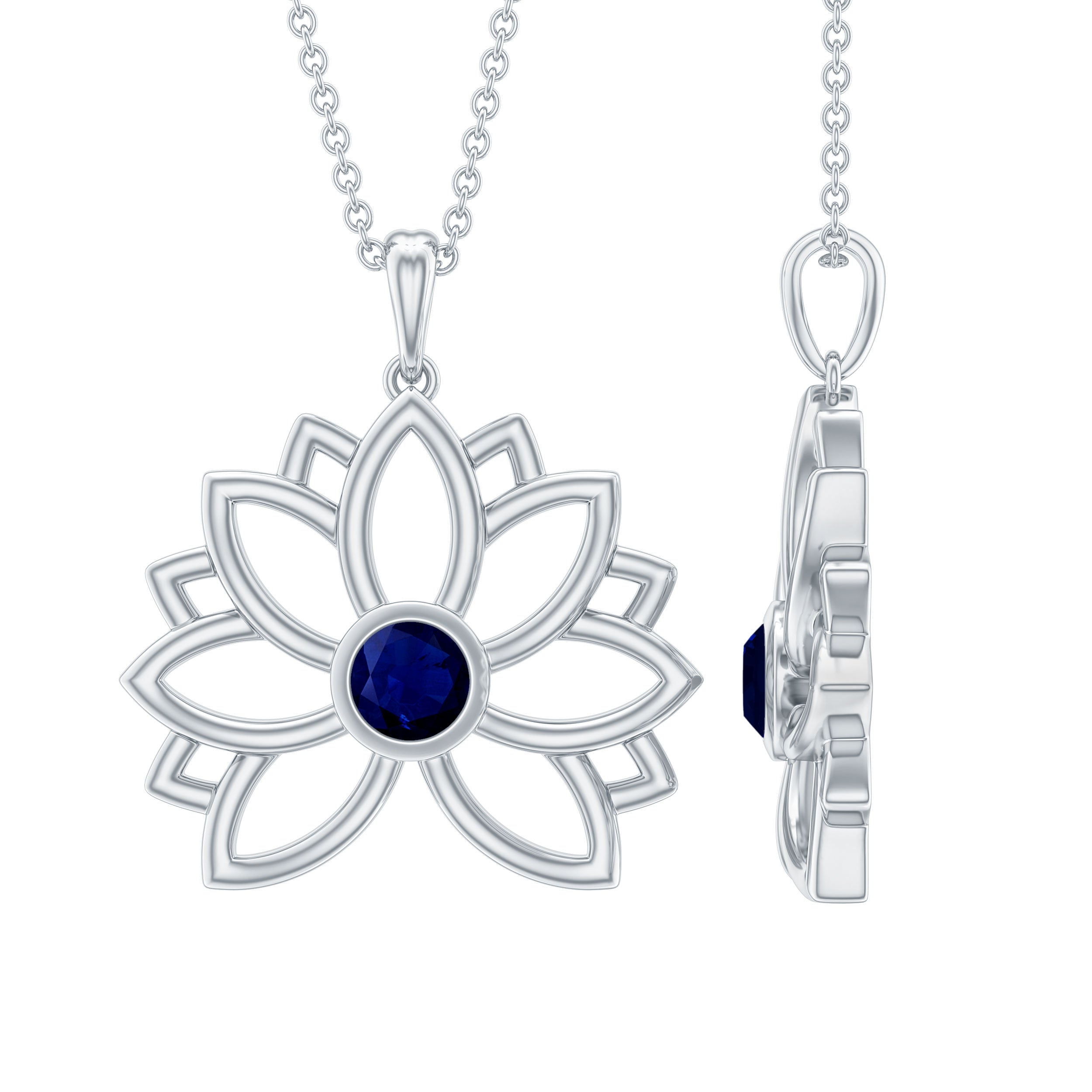 Real Blue Sapphire Lotus Flower Necklace with Chain AAA - Rosec Jewels
