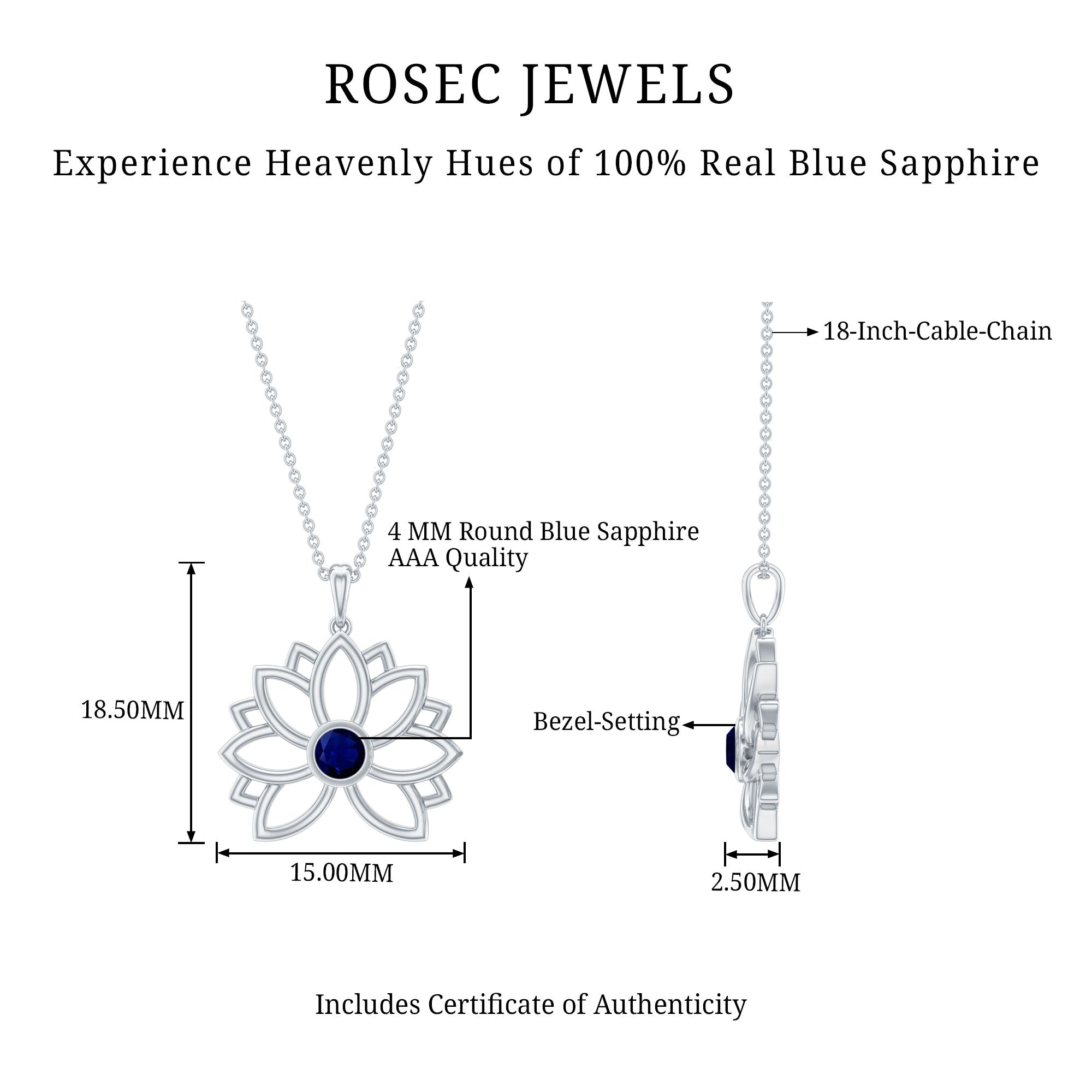 Real Blue Sapphire Lotus Flower Necklace with Chain AAA - Rosec Jewels