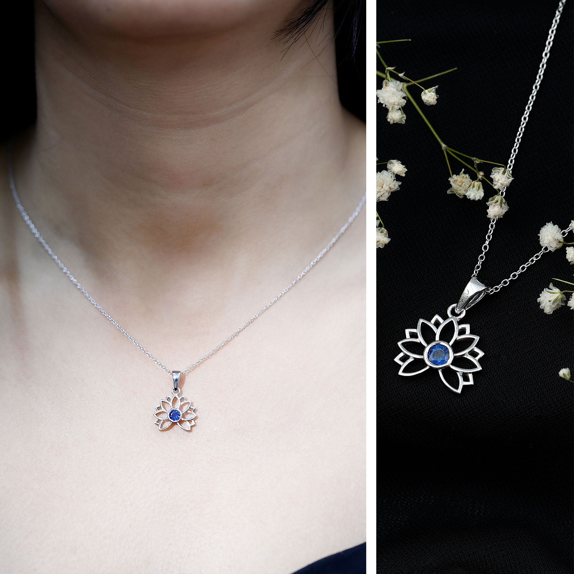 Real Blue Sapphire Lotus Flower Necklace with Chain AAA - Rosec Jewels