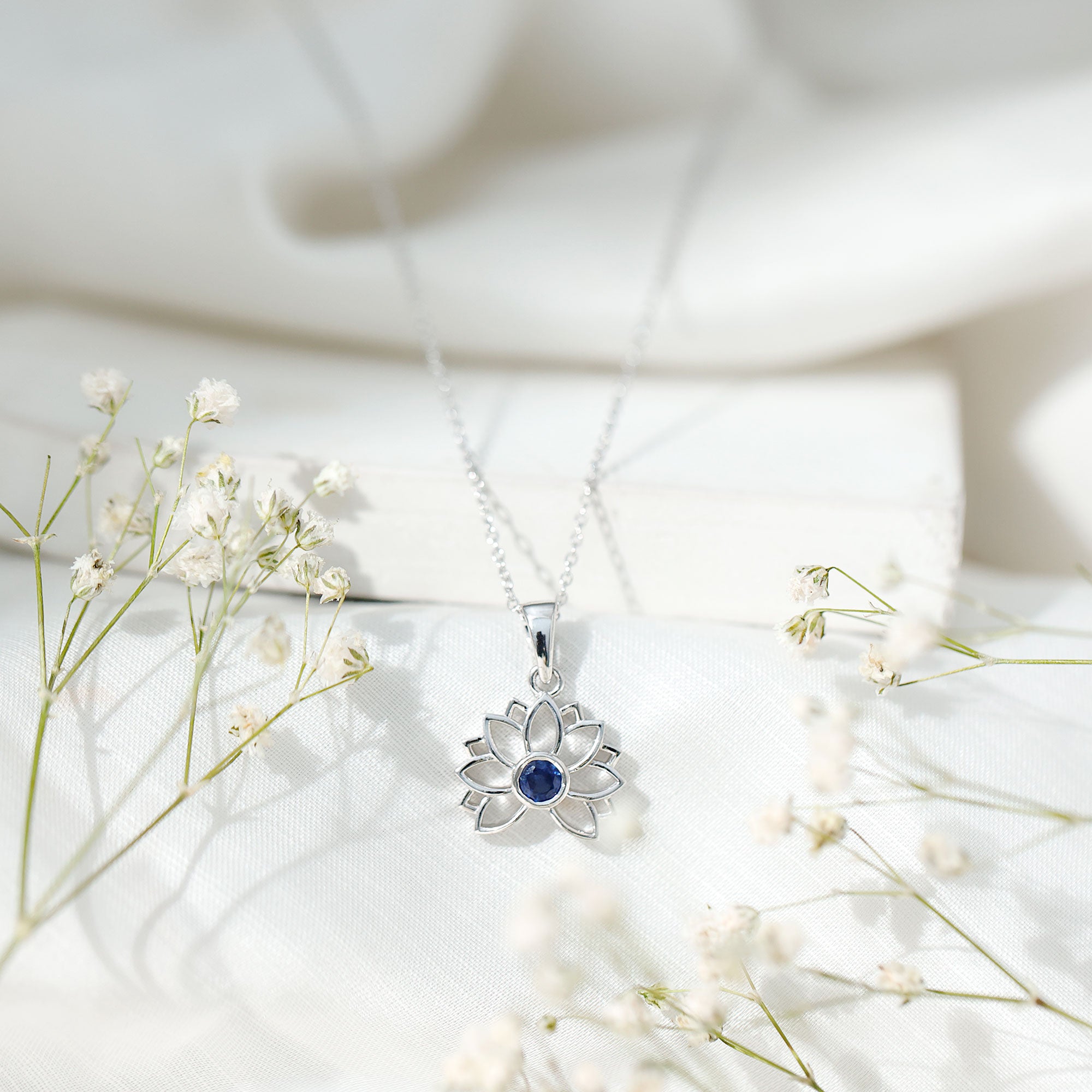 Real Blue Sapphire Lotus Flower Necklace with Chain AAA - Rosec Jewels