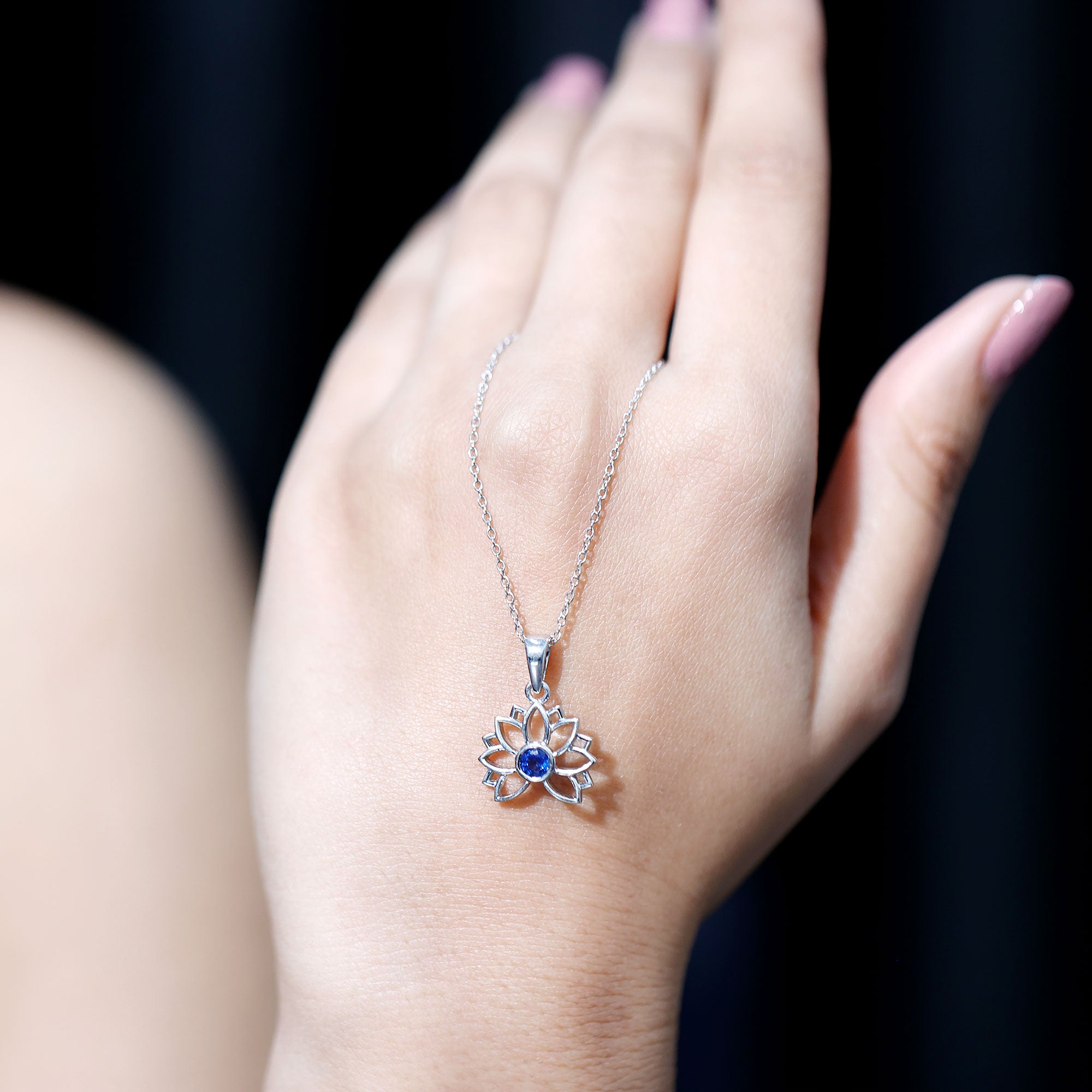 Real Blue Sapphire Lotus Flower Necklace with Chain AAA - Rosec Jewels