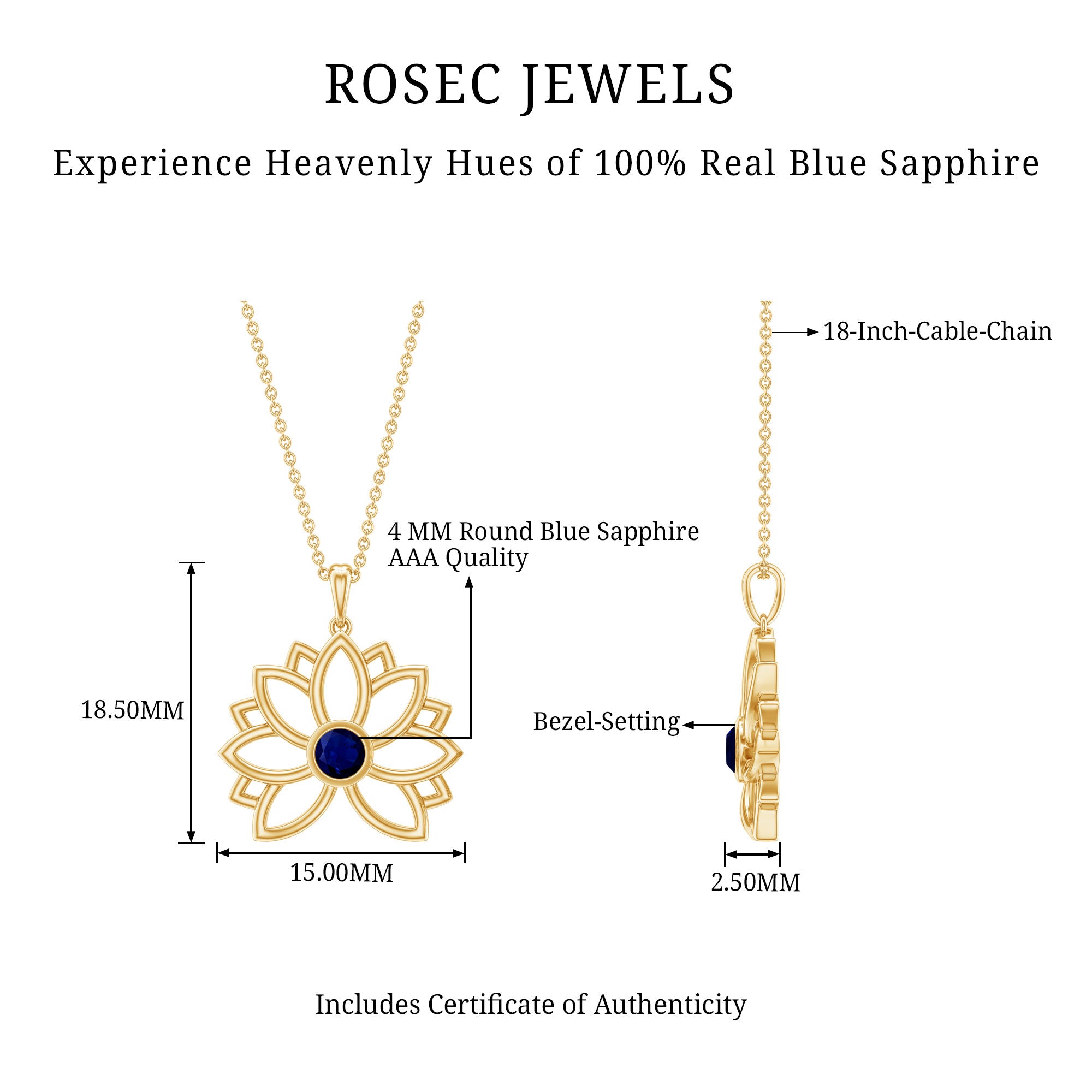 Real Blue Sapphire Lotus Flower Necklace with Chain AAA - Rosec Jewels