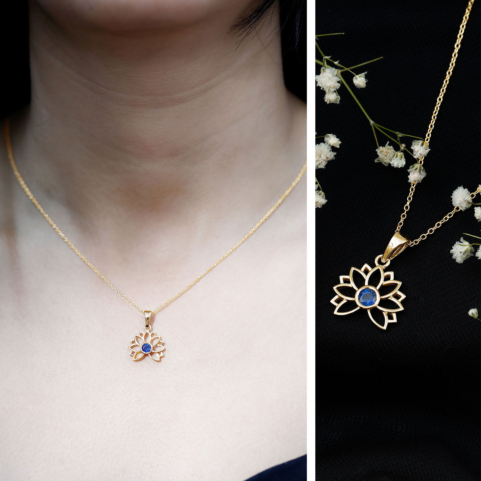 Real Blue Sapphire Lotus Flower Necklace with Chain AAA - Rosec Jewels