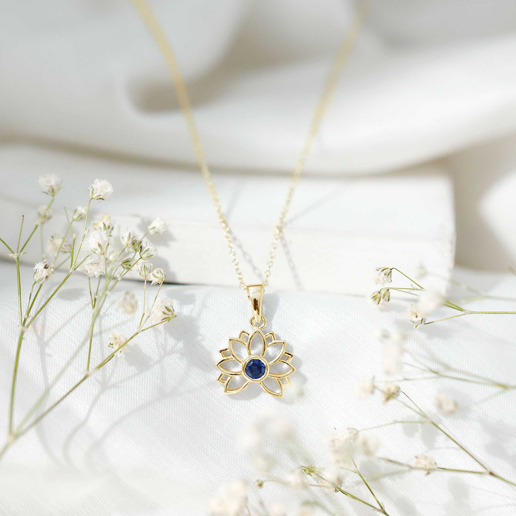 Real Blue Sapphire Lotus Flower Necklace with Chain AAA - Rosec Jewels