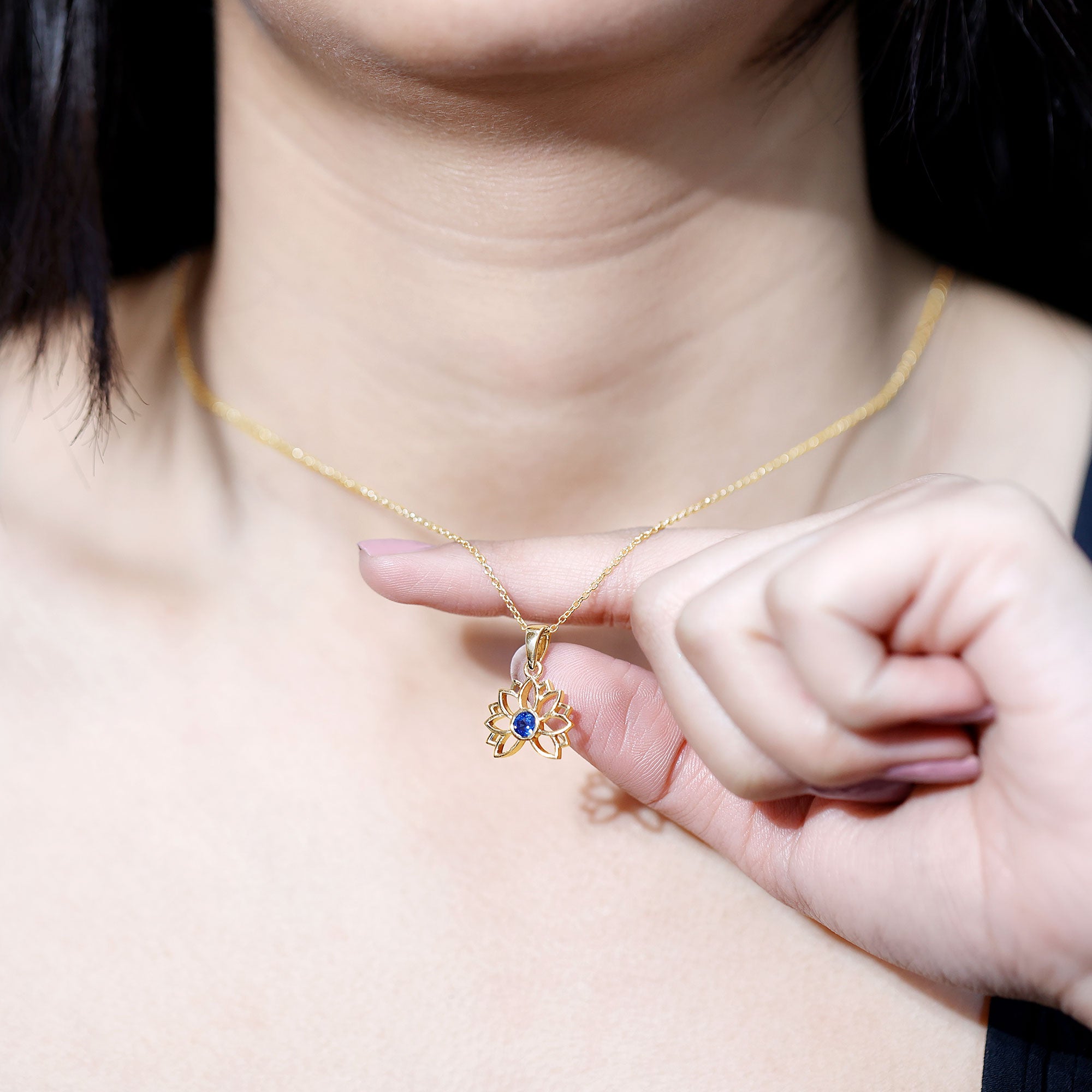 Real Blue Sapphire Lotus Flower Necklace with Chain AAA - Rosec Jewels