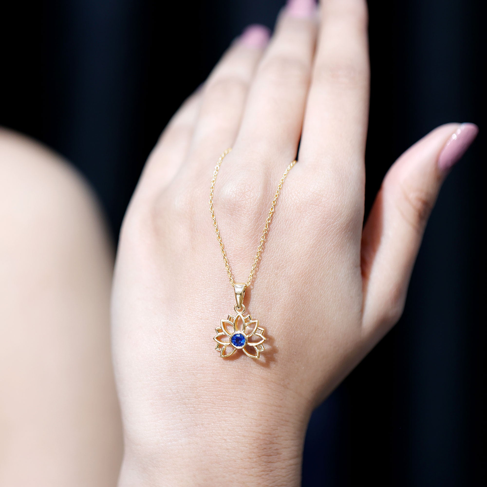 Real Blue Sapphire Lotus Flower Necklace with Chain AAA - Rosec Jewels