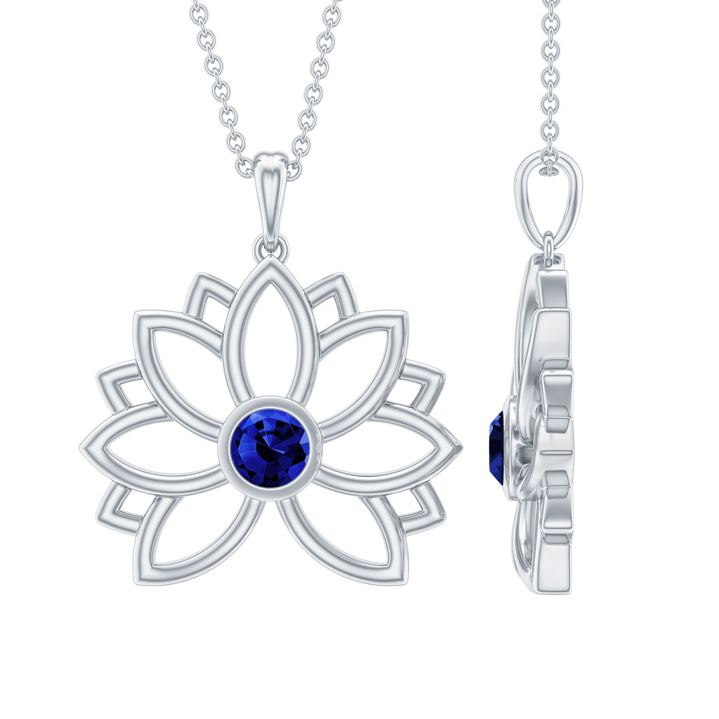 Lab Grown Blue Sapphire Lotus Flower Necklace With Chain AAAA - Rosec Jewels