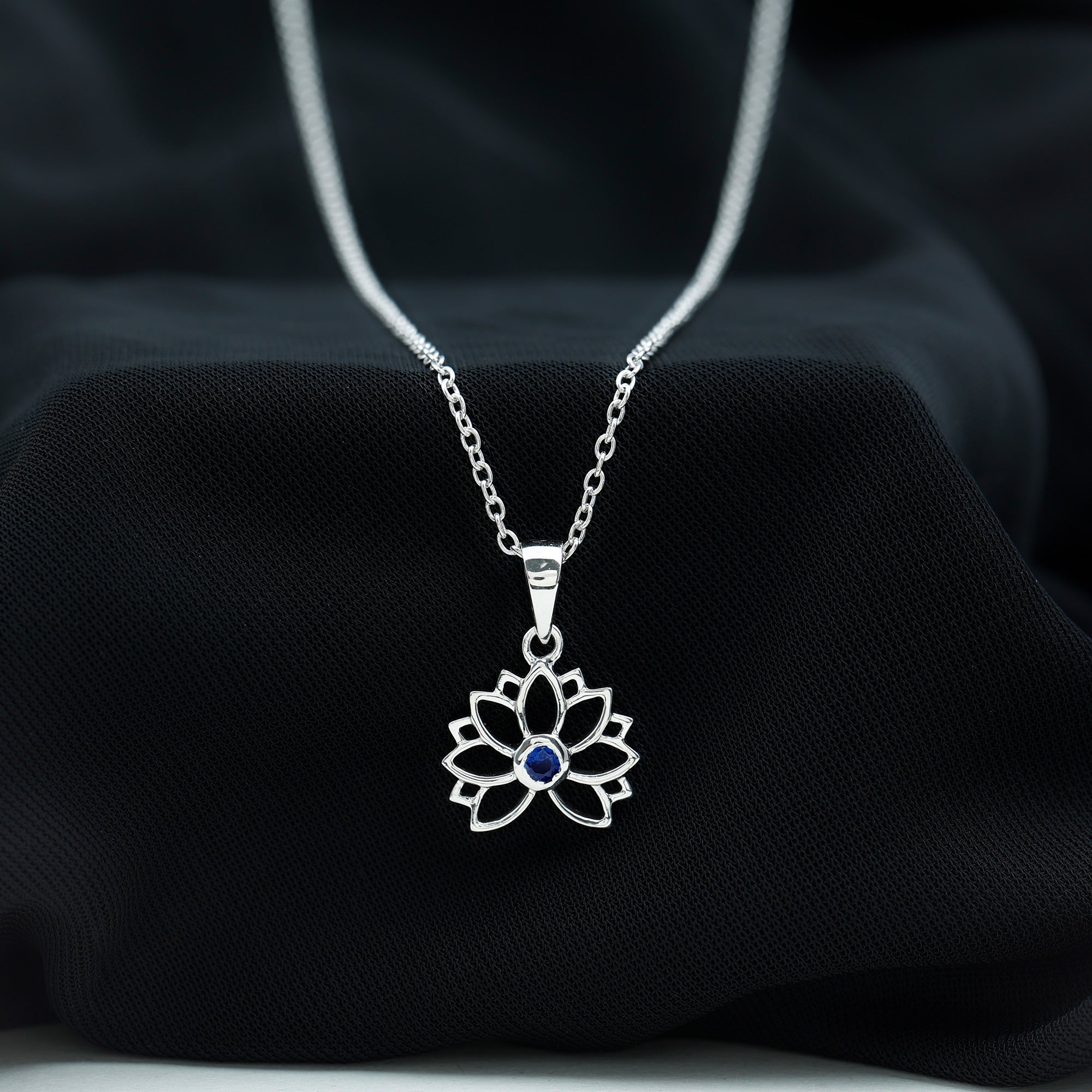 Lab Grown Blue Sapphire Lotus Flower Necklace With Chain AAAA - Rosec Jewels