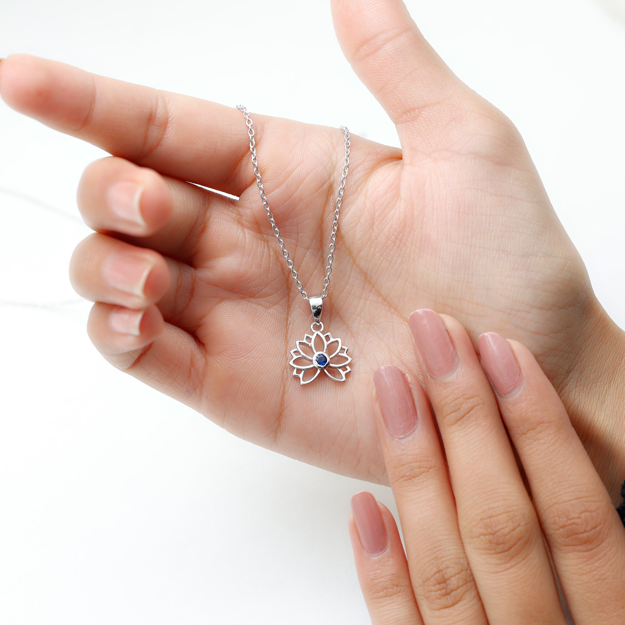 Lab Grown Blue Sapphire Lotus Flower Necklace With Chain AAAA - Rosec Jewels