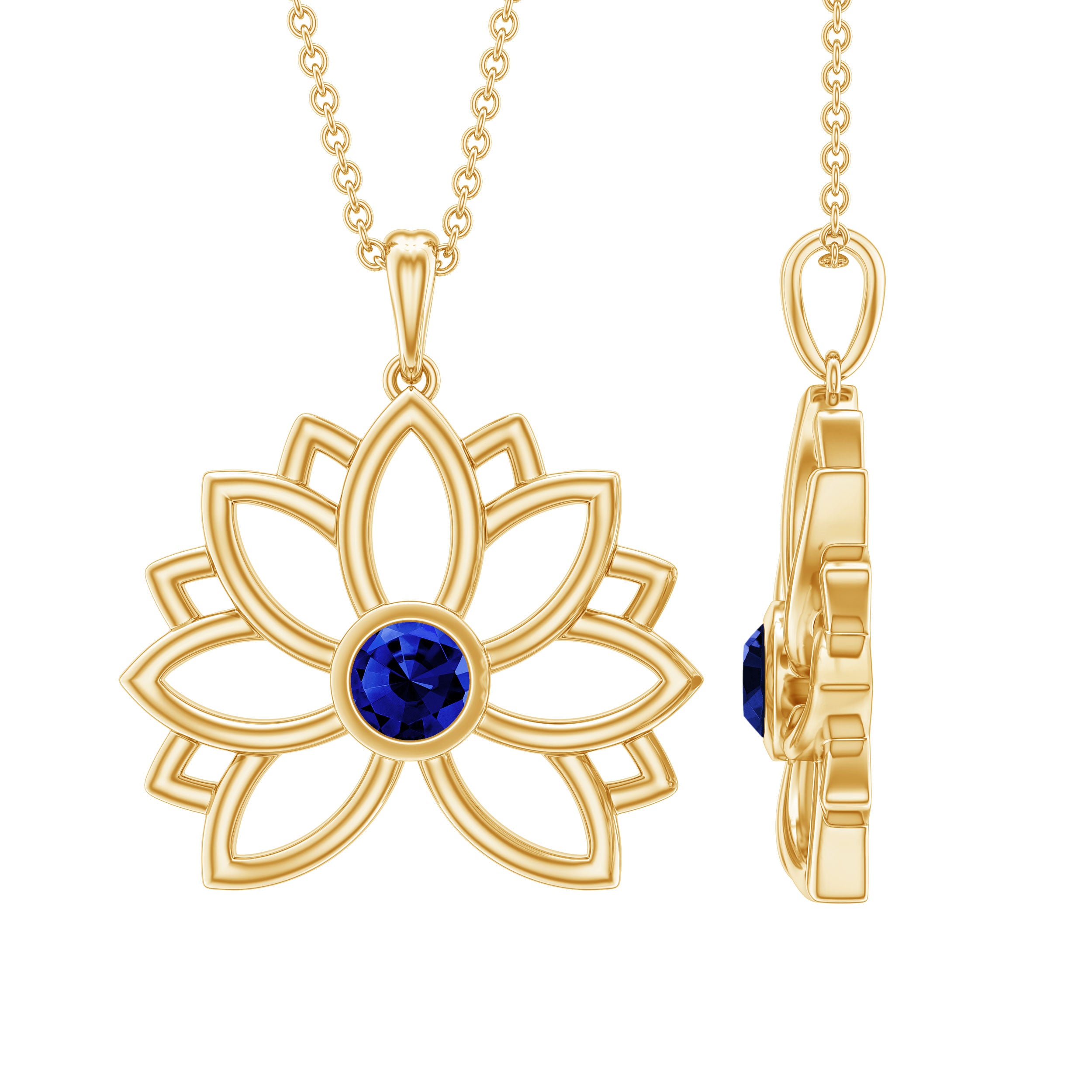 Lab Grown Blue Sapphire Lotus Flower Necklace With Chain AAAA - Rosec Jewels
