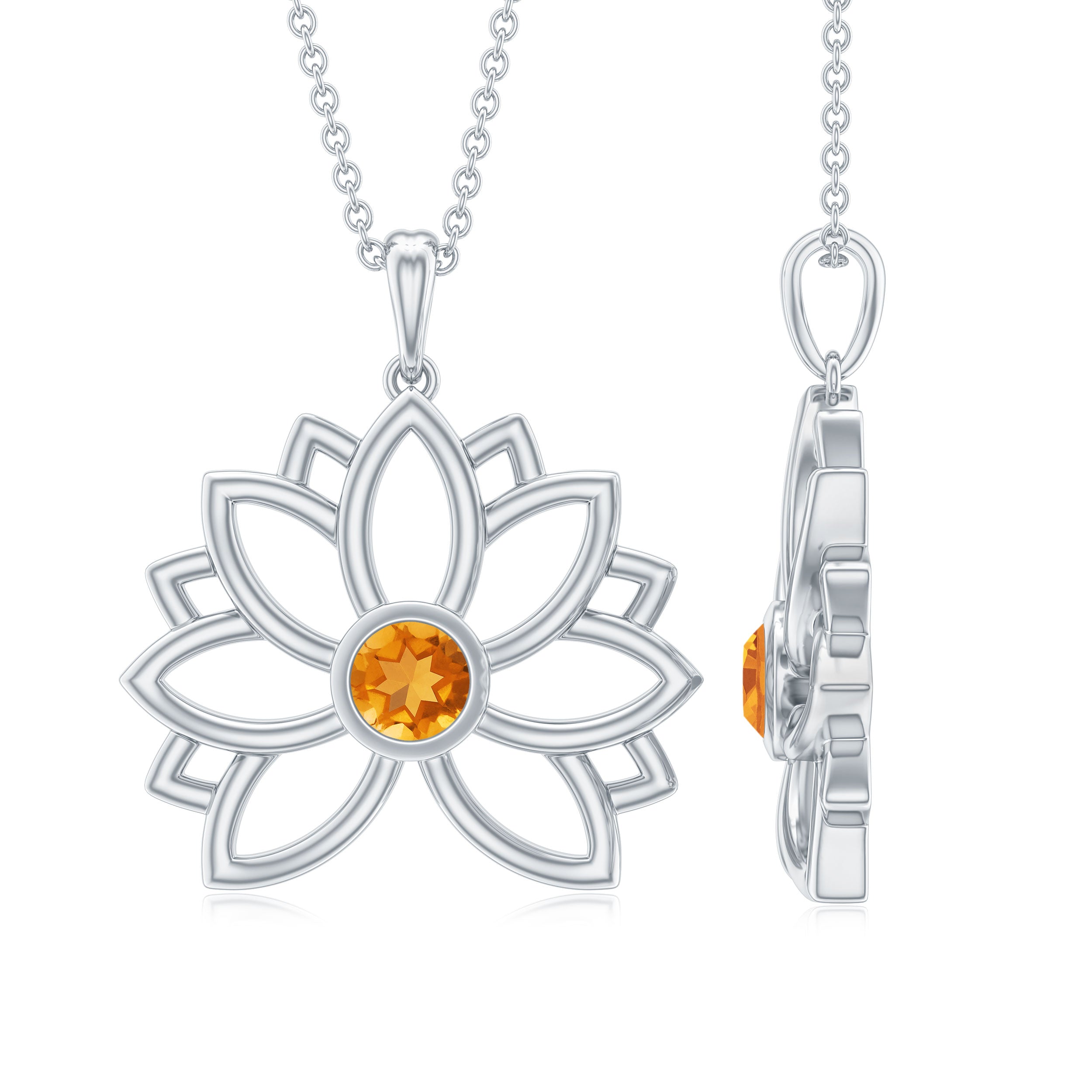 Lotus Flower Pendant with Bezel Set Citrine Solitaire