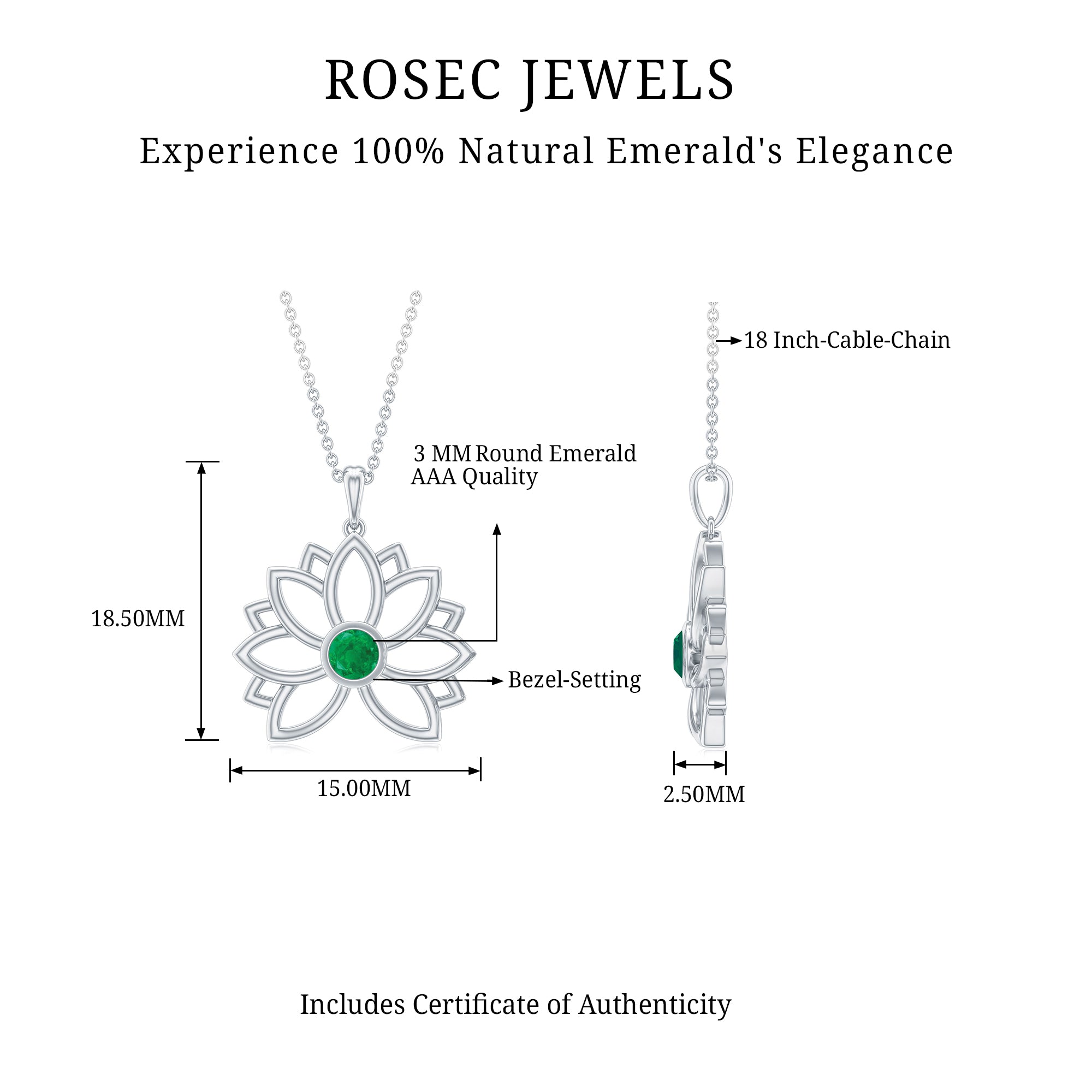 Genuine Emerald Lotus Necklace With Chain AAA - Rosec Jewels