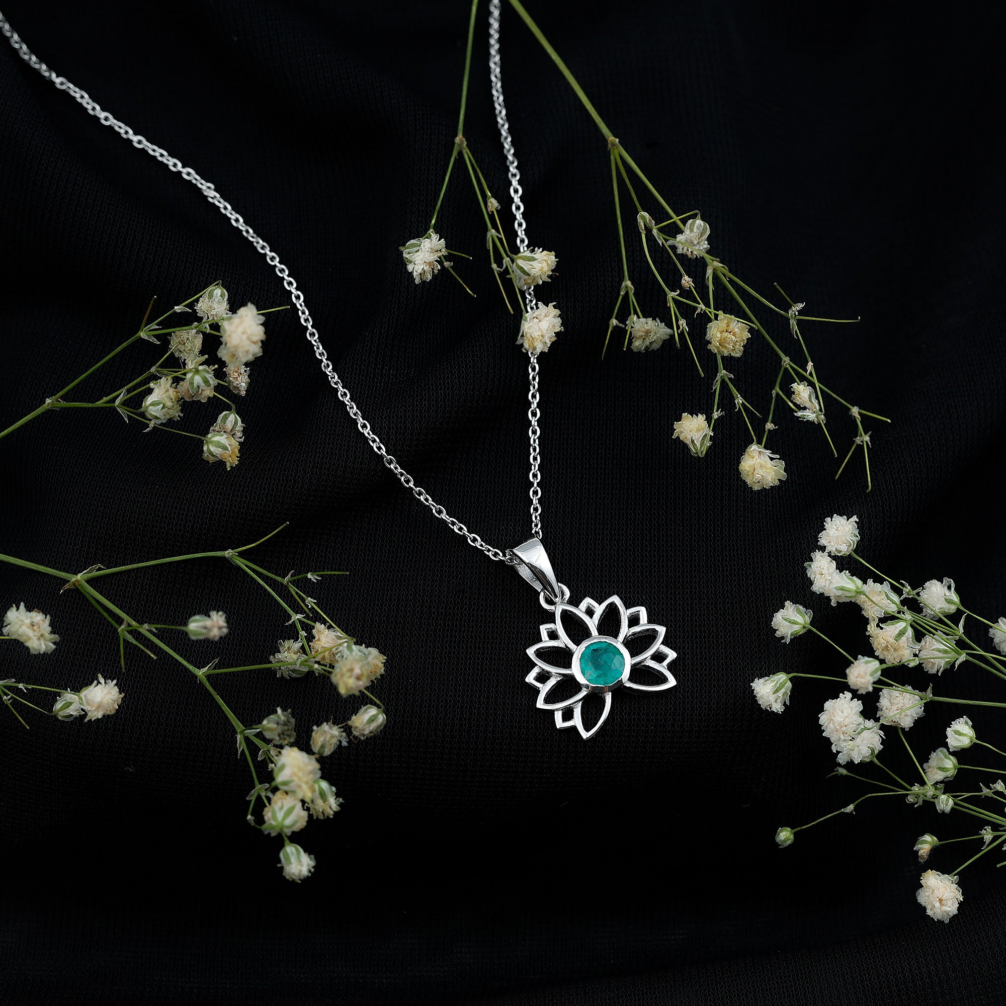 Genuine Emerald Lotus Necklace With Chain AAA - Rosec Jewels