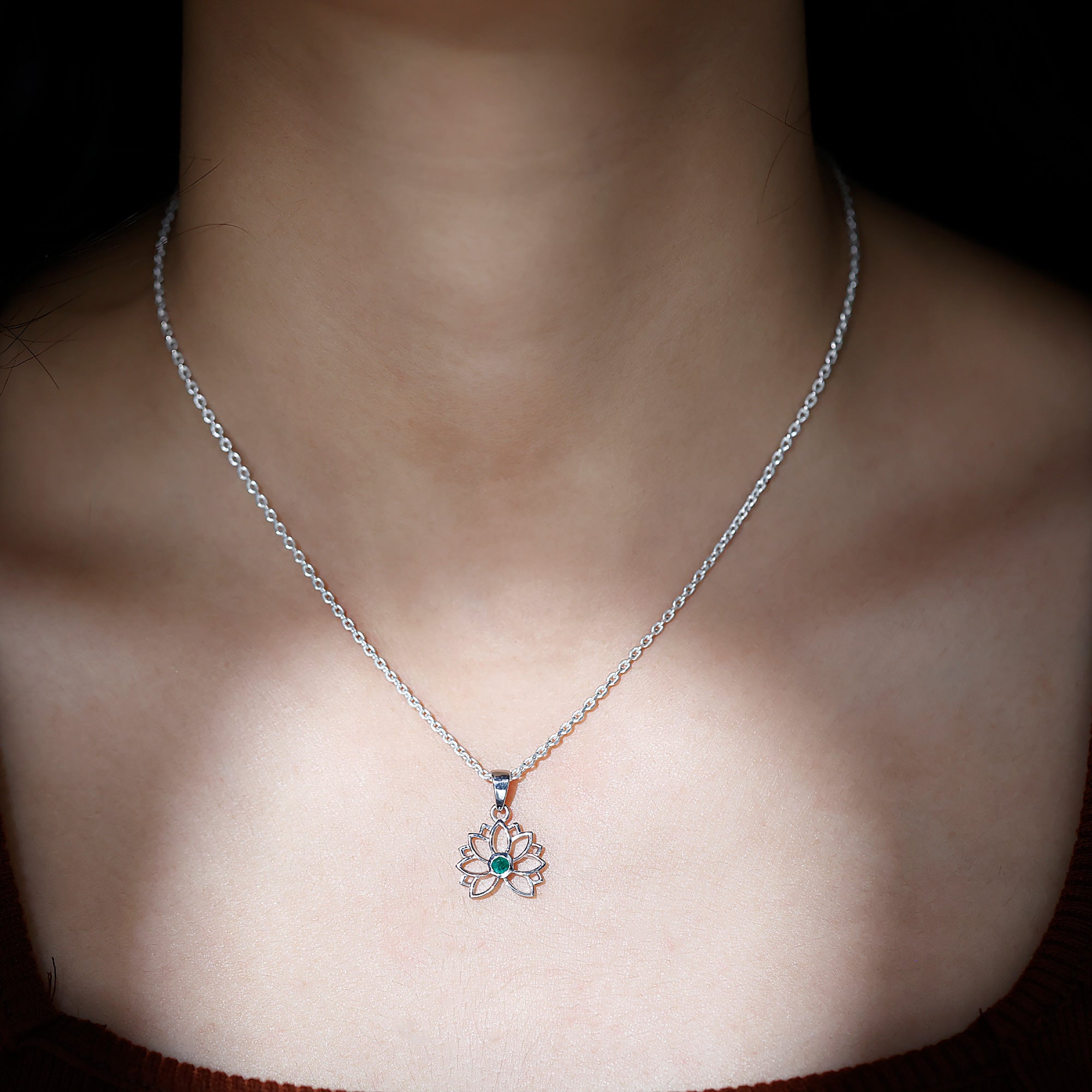 Genuine Emerald Lotus Necklace With Chain AAA - Rosec Jewels