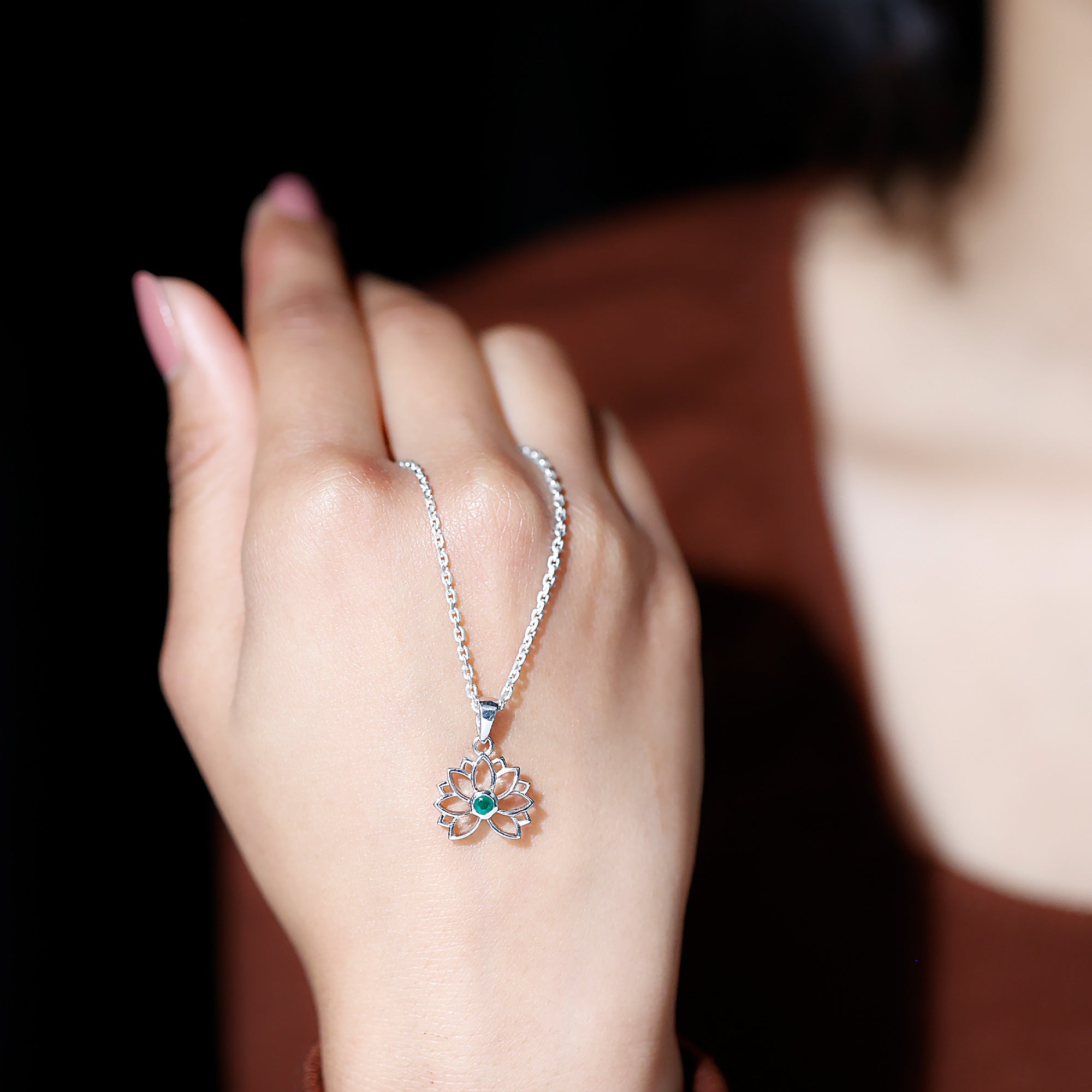 Genuine Emerald Lotus Necklace With Chain AAA - Rosec Jewels