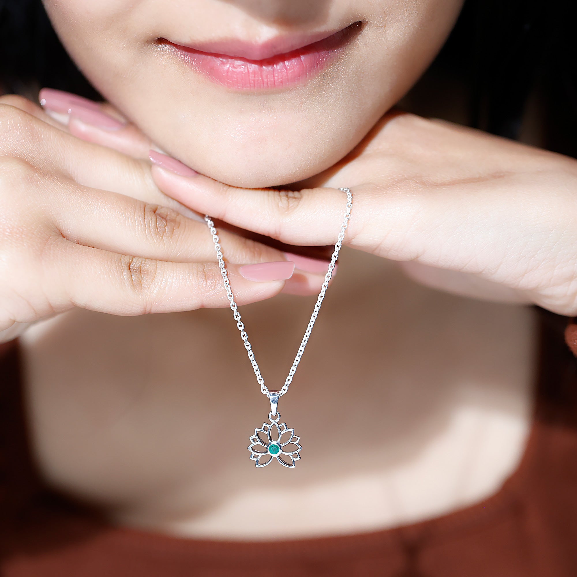 Genuine Emerald Lotus Necklace With Chain AAA - Rosec Jewels