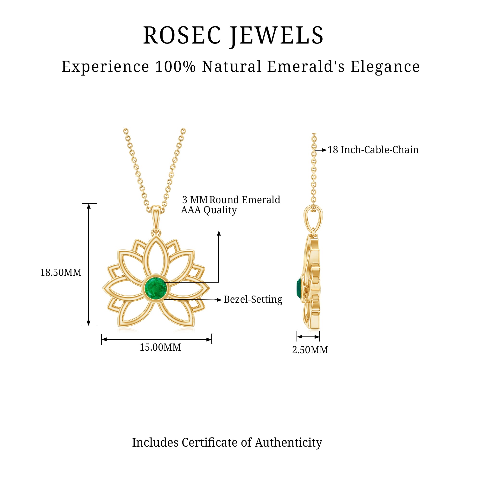 Genuine Emerald Lotus Necklace With Chain AAA - Rosec Jewels