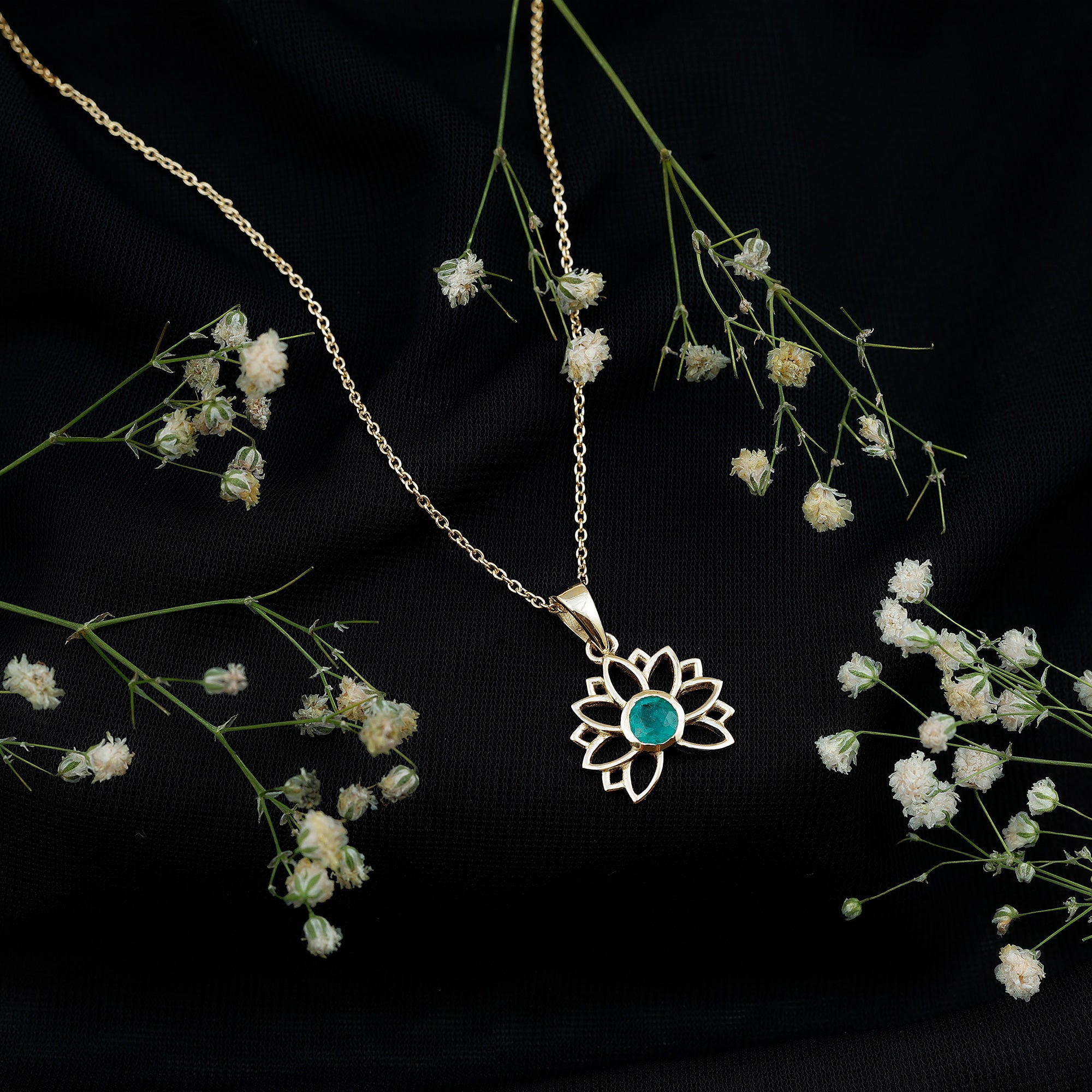 Genuine Emerald Lotus Necklace With Chain AAA - Rosec Jewels
