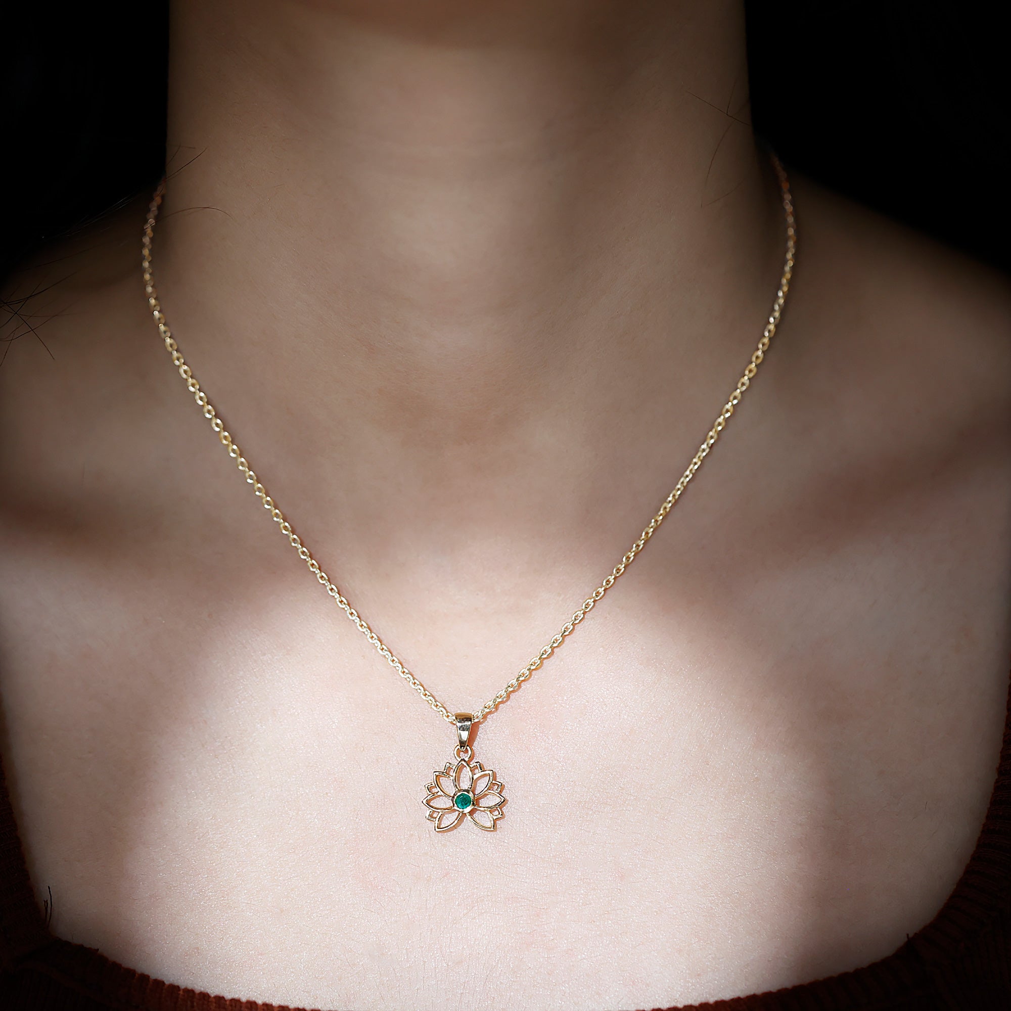 Genuine Emerald Lotus Necklace With Chain AAA - Rosec Jewels