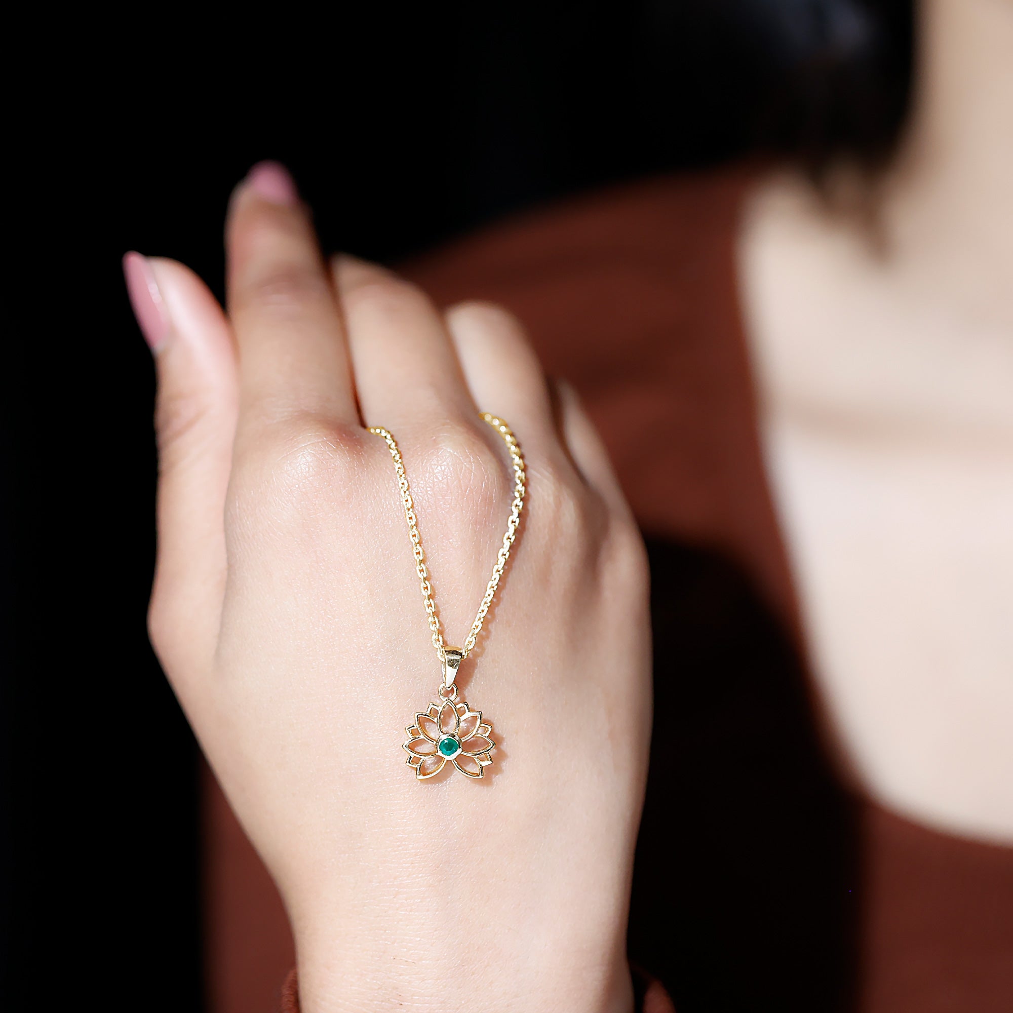 Genuine Emerald Lotus Necklace With Chain AAA - Rosec Jewels