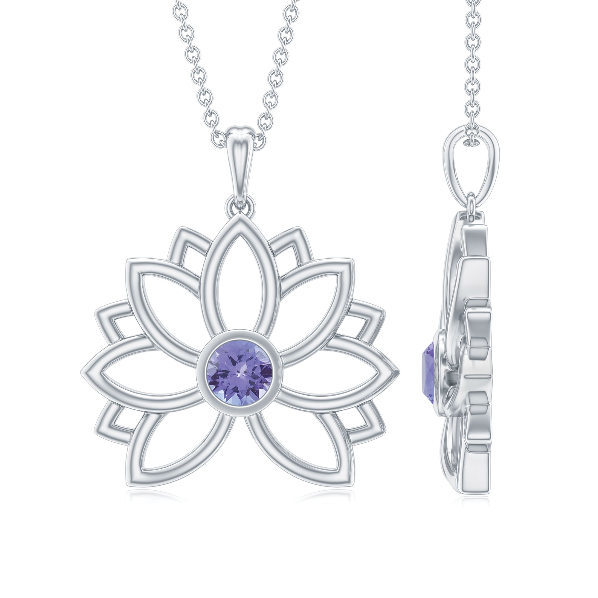 Bezel Set Tanzanite Lotus Flower Pendant Necklace AAA - Rosec Jewels