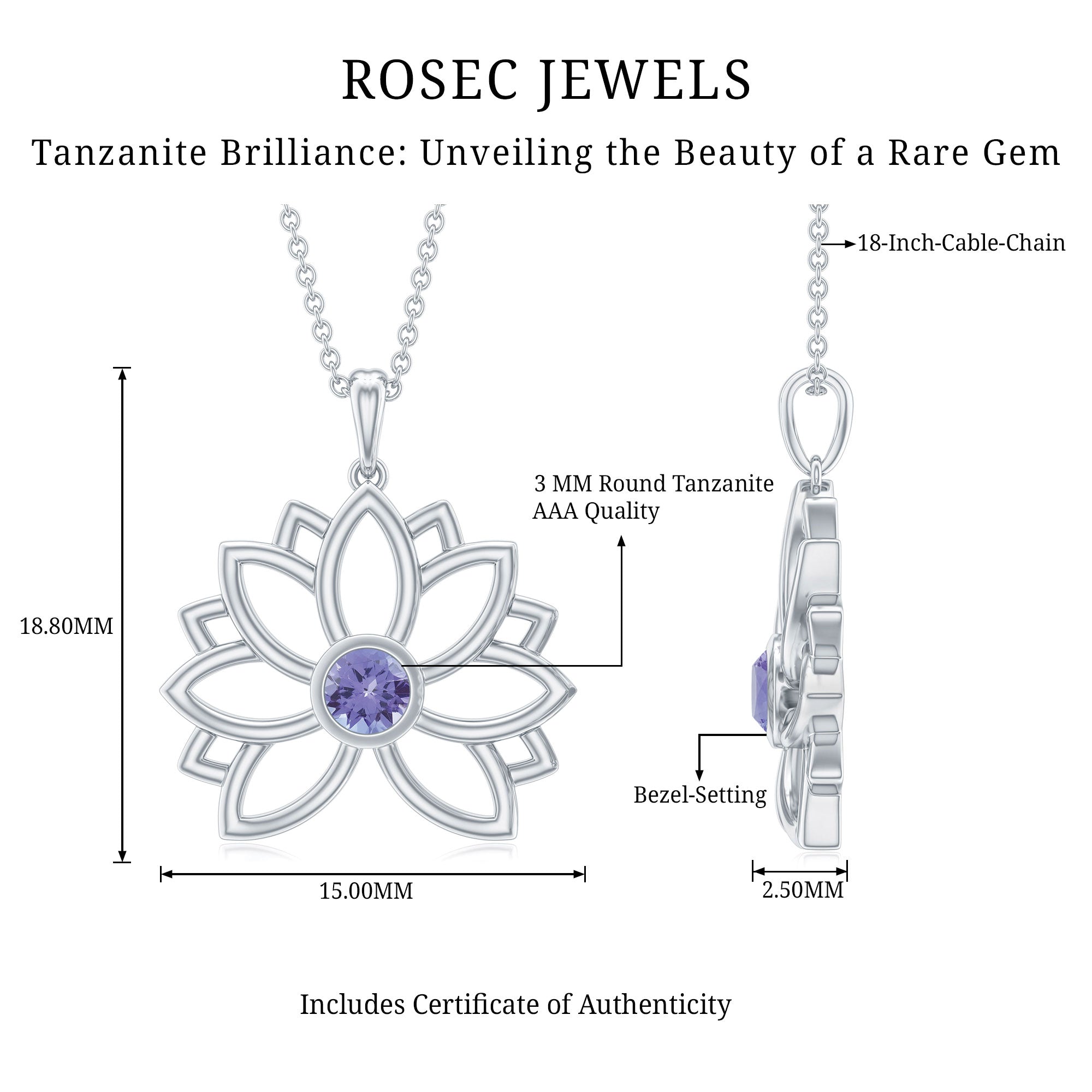 Bezel Set Tanzanite Lotus Flower Pendant Necklace AAA - Rosec Jewels