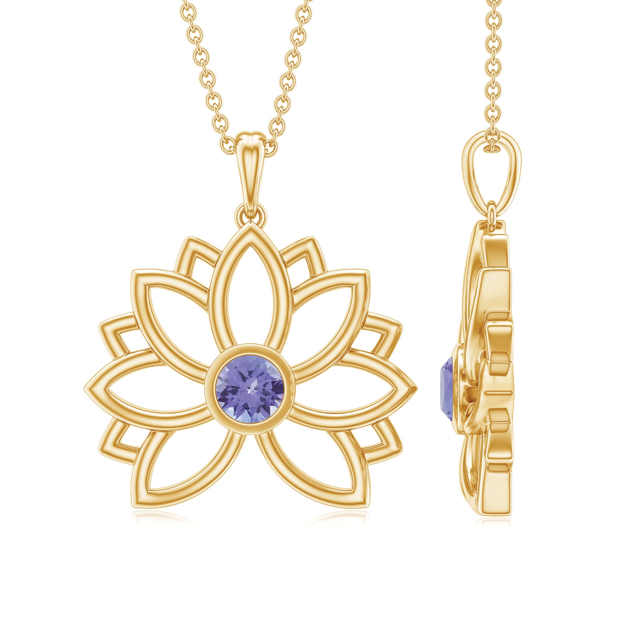 Bezel Set Tanzanite Lotus Flower Pendant Necklace AAA - Rosec Jewels