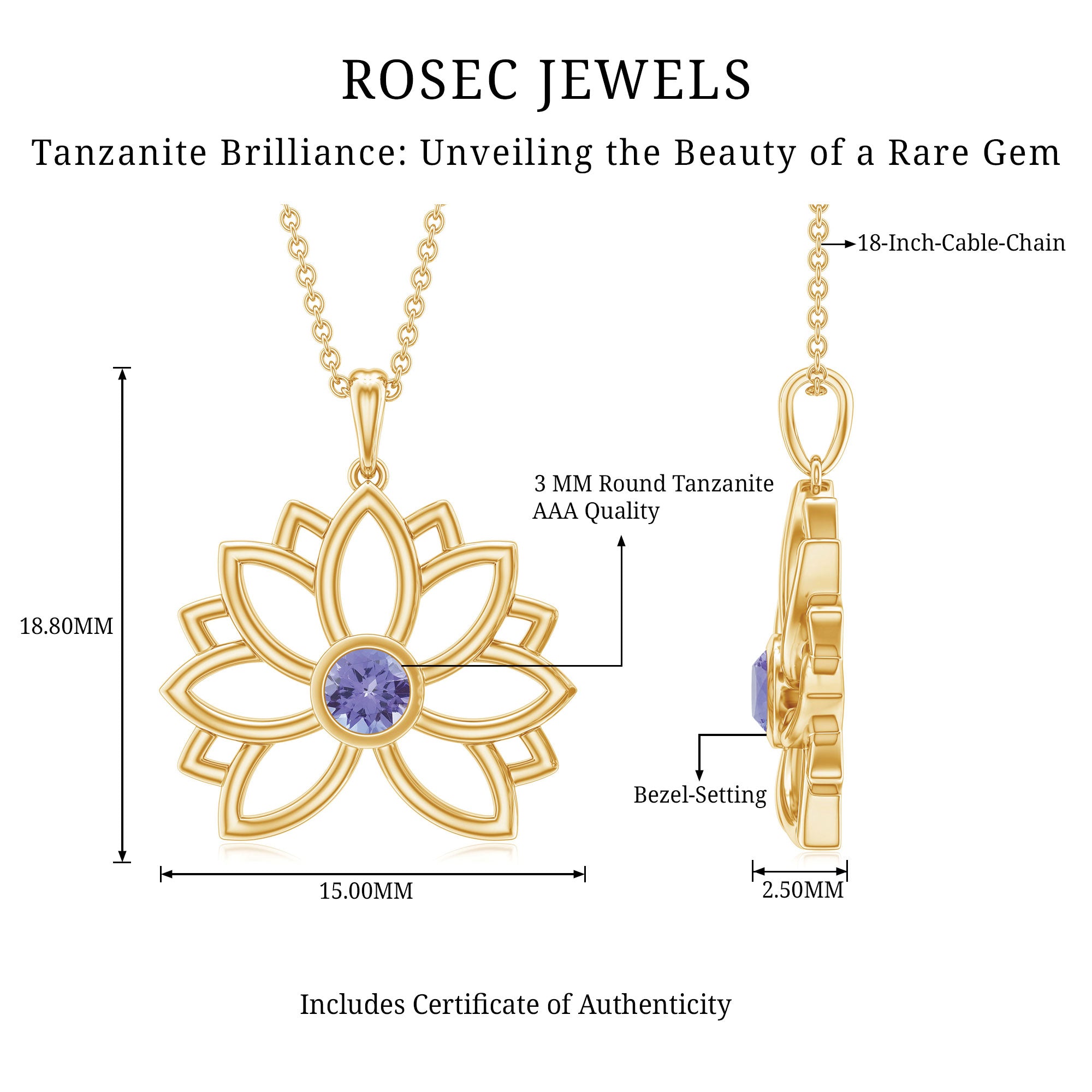 Bezel Set Tanzanite Lotus Flower Pendant Necklace AAA - Rosec Jewels