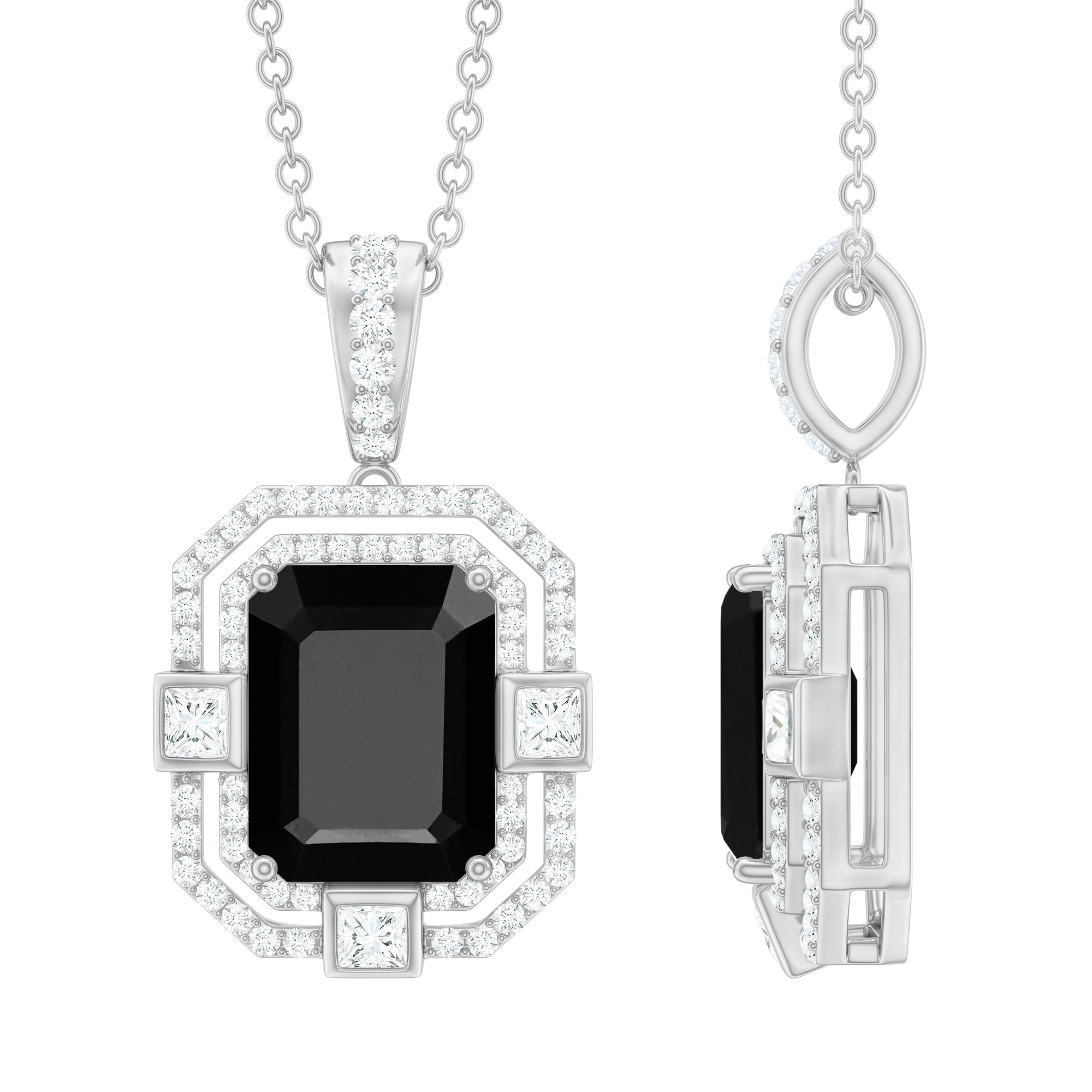 Vintage Inspired Octagon Created Black Diamond Pendant with Moissanite AAAA ( Synthetic ) - Rosec Jewels