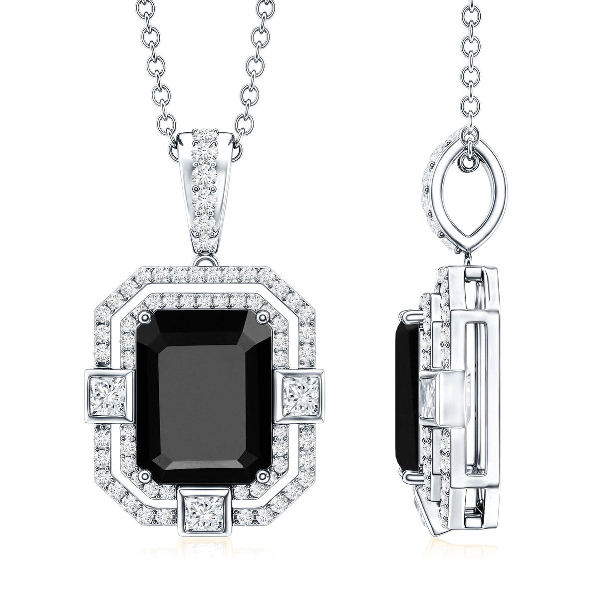 Vintage Inspired 3.4 Carat Emerald Cut Synthetic Black Diamond Pendant Necklace AAAA ( Synthetic ) - Rosec Jewels