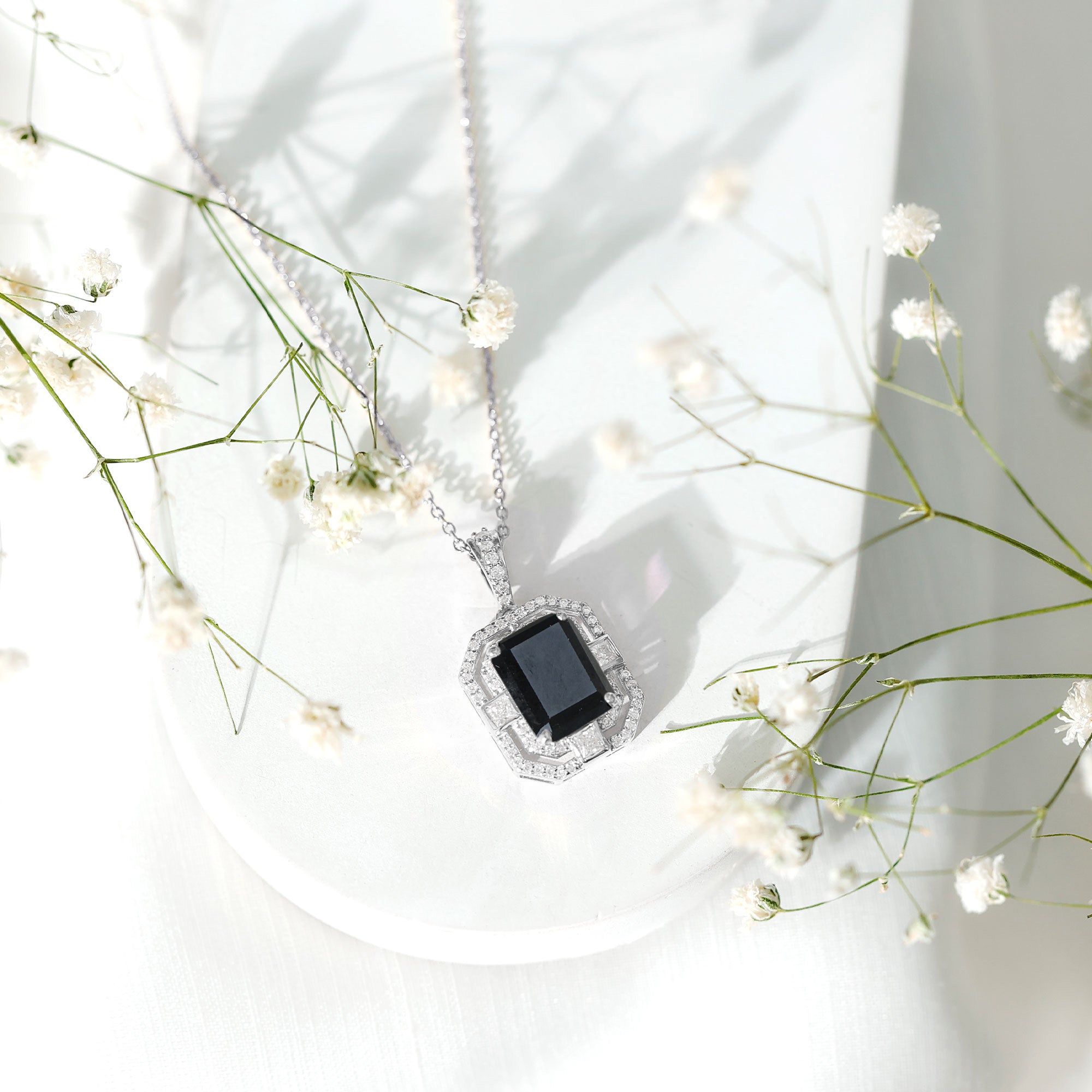 Vintage Inspired Octagon Created Black Diamond Pendant with Moissanite AAAA ( Synthetic ) - Rosec Jewels